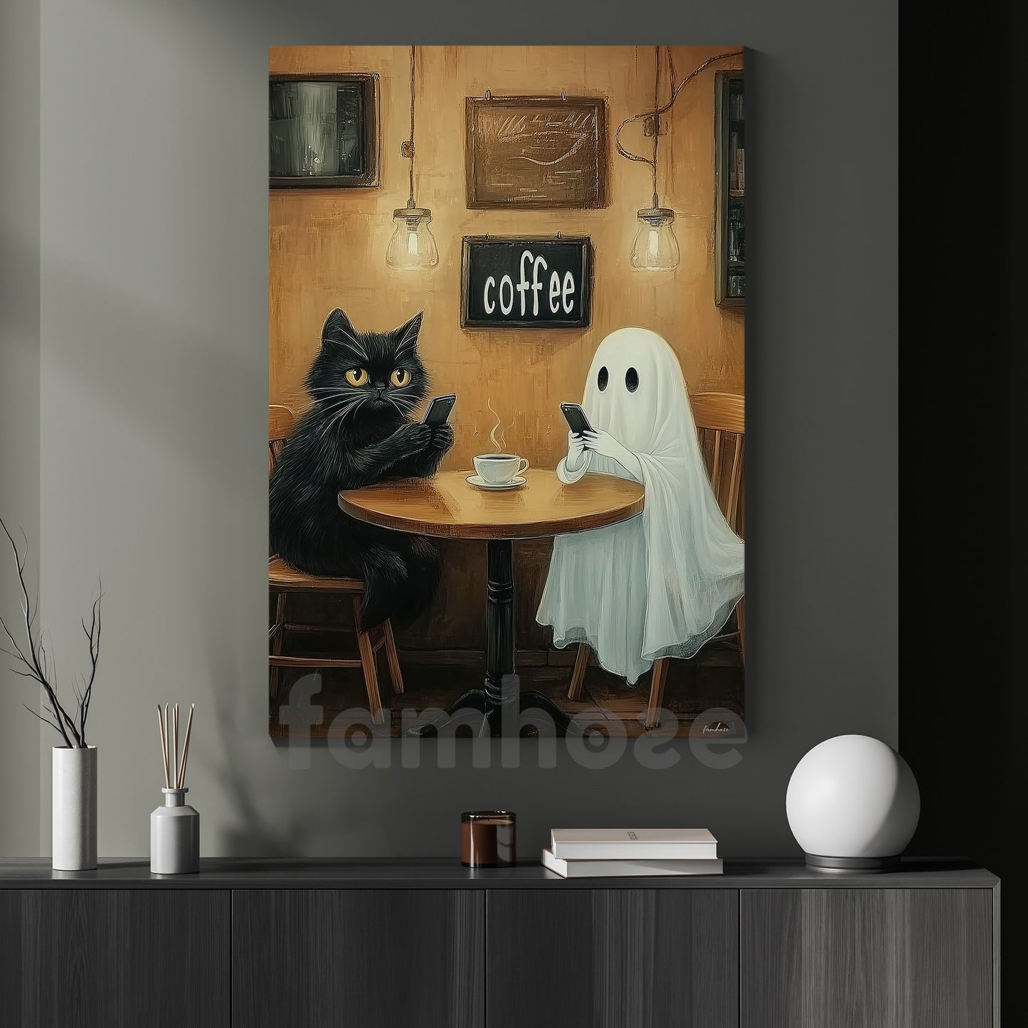 Halloween Cat Ghost & Coffee Shop Canvas Painting, No Phones Just Boos & Brews Wall Art Decor, Spooky Season Poster Gift For Cat Lover