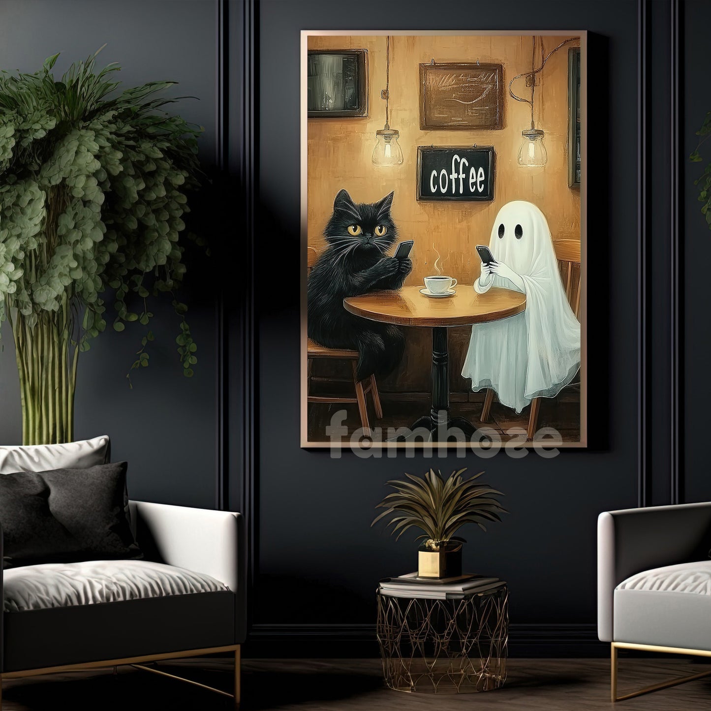 Halloween Cat Ghost & Coffee Shop Canvas Painting, No Phones Just Boos & Brews Wall Art Decor, Spooky Season Poster Gift For Cat Lover