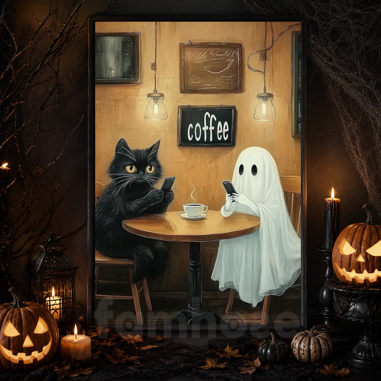 Halloween Cat Ghost & Coffee Shop Canvas Painting, No Phones Just Boos & Brews Wall Art Decor, Spooky Season Poster Gift For Cat Lover