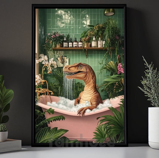 Funny T-Rex Bathroom Canvas Painting, Relaxing Dinosaur Wall Art Decor, Restroom Poster Gift For T-Rex Lovers