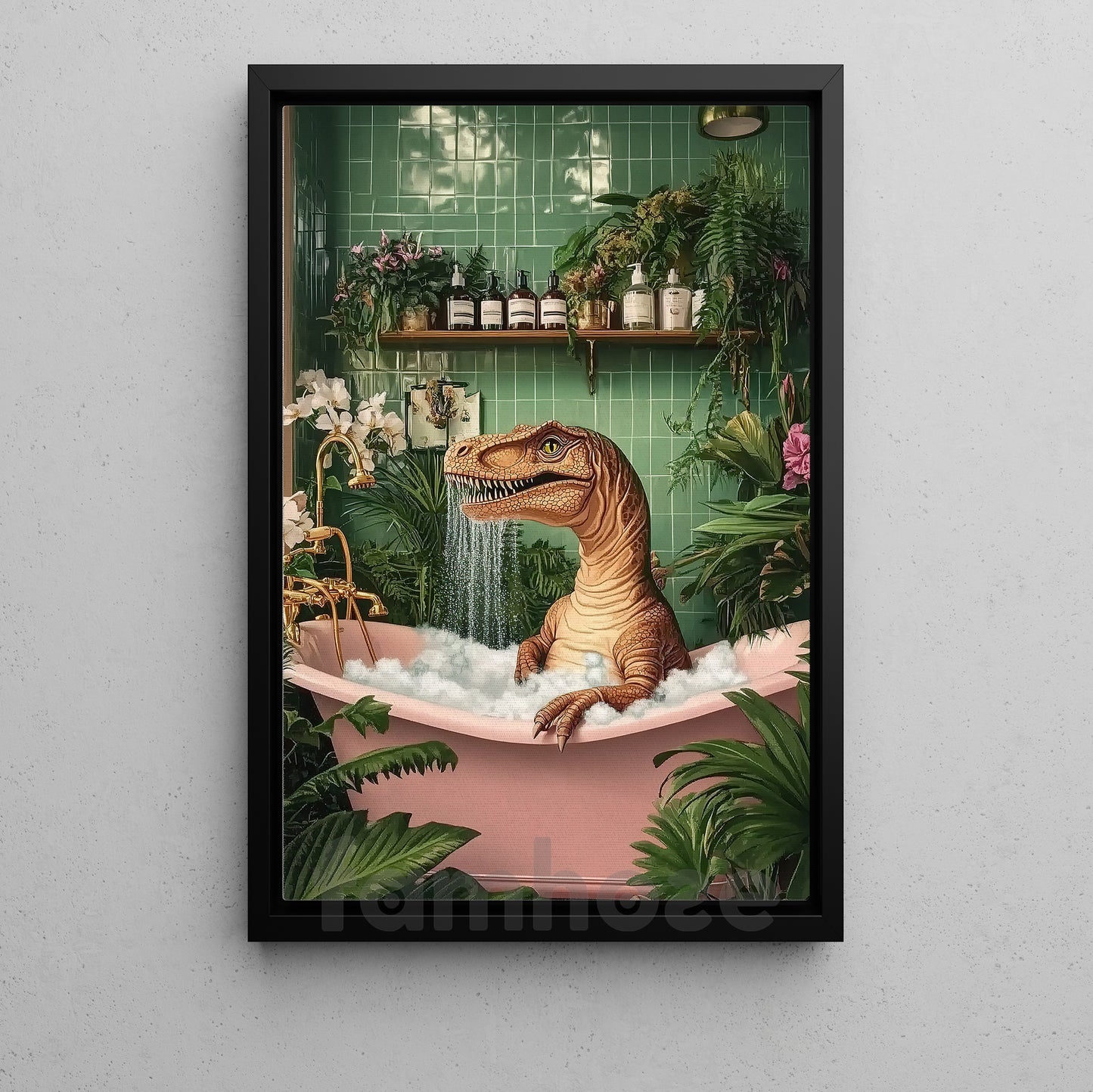 Funny T-Rex Bathroom Canvas Painting, Relaxing Dinosaur Wall Art Decor, Restroom Poster Gift For T-Rex Lovers