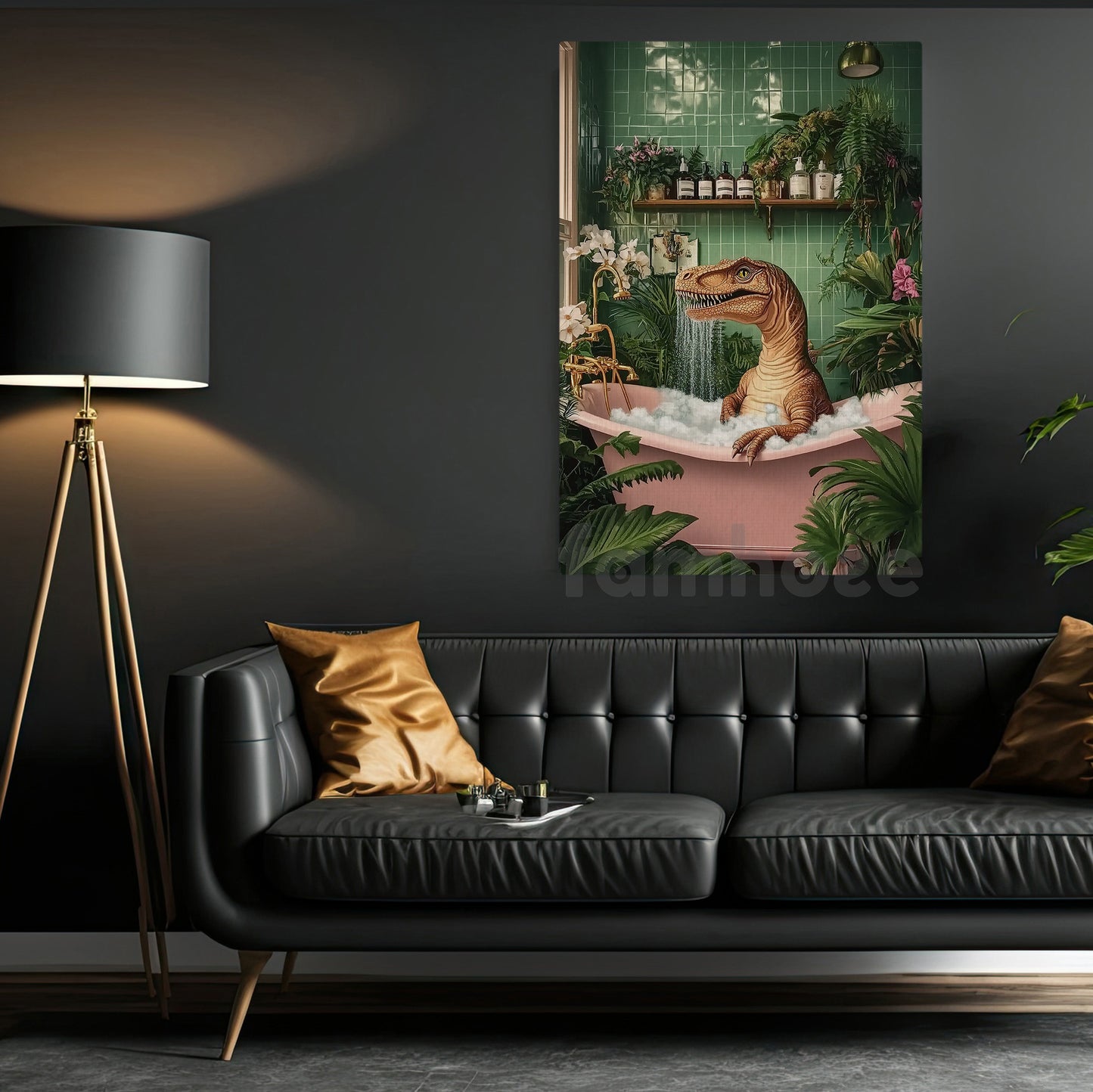 Funny T-Rex Bathroom Canvas Painting, Relaxing Dinosaur Wall Art Decor, Restroom Poster Gift For T-Rex Lovers