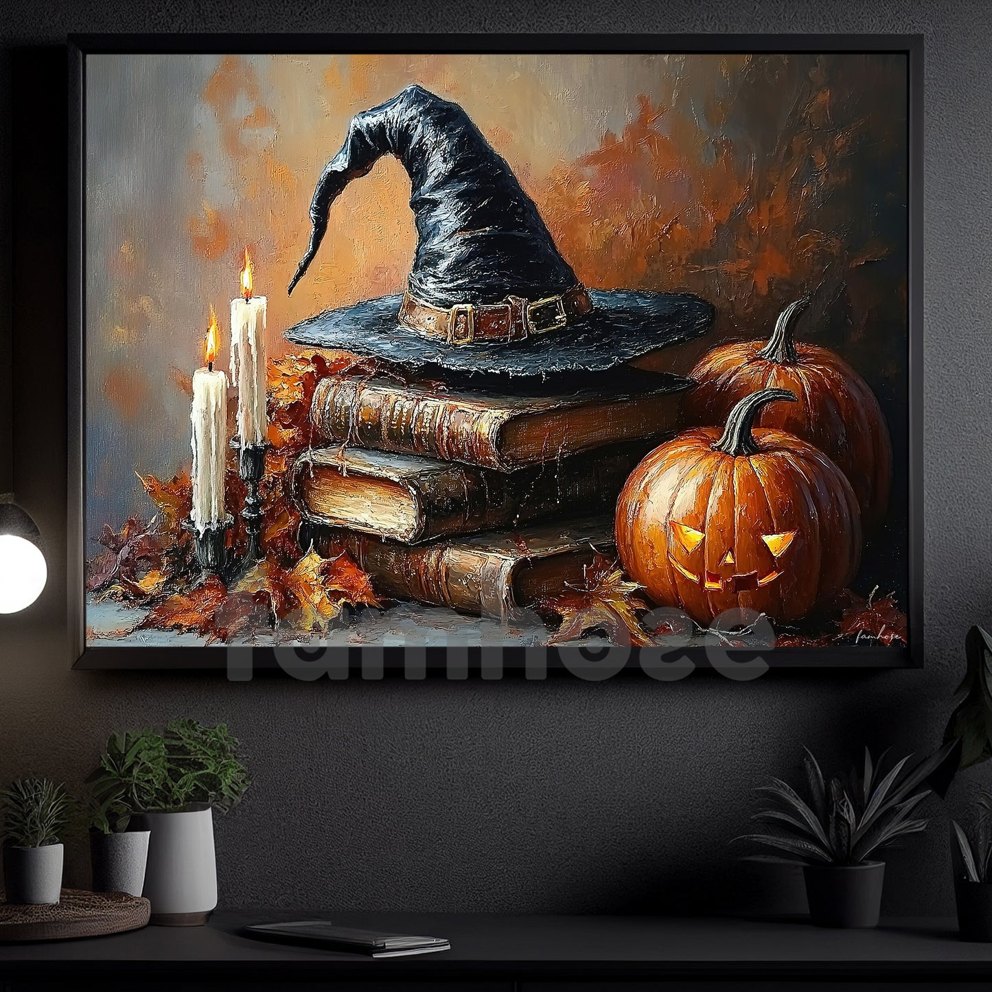 Halloween Witch Hat & Magic Books Canvas Painting, Pages Of Pumpkin Magic Wall Art Decor, Spooky Season Poster Gift For Witch Lover