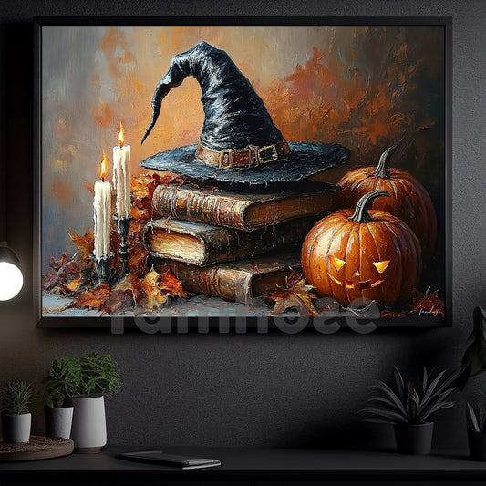 Halloween Witch Hat & Magic Books Canvas Painting, Pages Of Pumpkin Magic Wall Art Decor, Spooky Season Poster Gift For Witch Lover