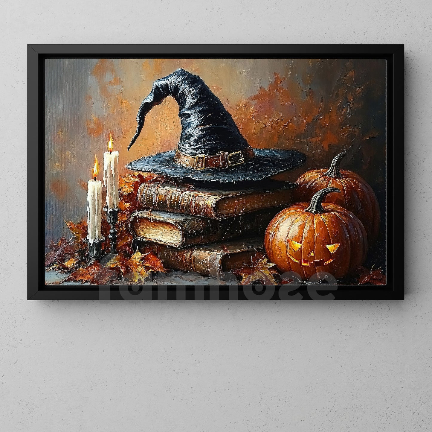 Halloween Witch Hat & Magic Books Canvas Painting, Pages Of Pumpkin Magic Wall Art Decor, Spooky Season Poster Gift For Witch Lover