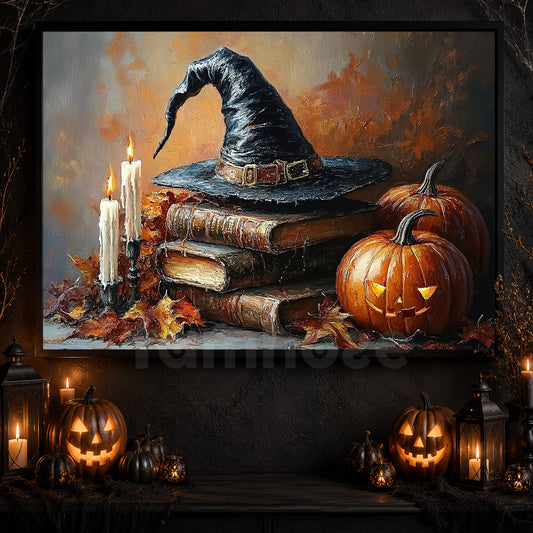 Halloween Witch Hat & Magic Books Canvas Painting, Pages Of Pumpkin Magic Wall Art Decor, Spooky Season Poster Gift For Witch Lover