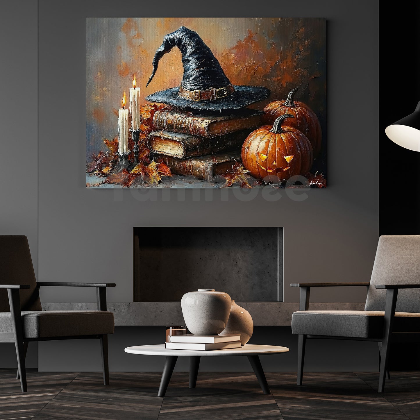 Halloween Witch Hat & Magic Books Canvas Painting, Pages Of Pumpkin Magic Wall Art Decor, Spooky Season Poster Gift For Witch Lover