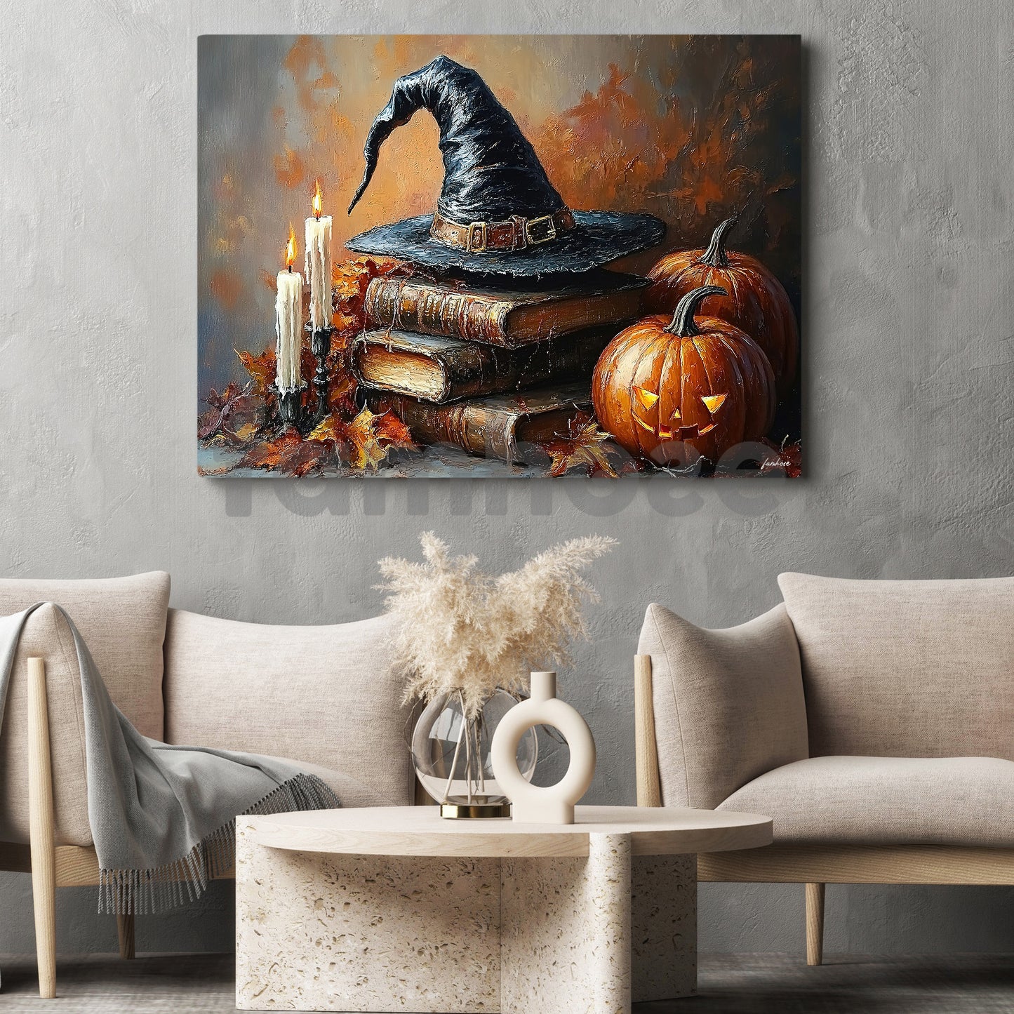 Halloween Witch Hat & Magic Books Canvas Painting, Pages Of Pumpkin Magic Wall Art Decor, Spooky Season Poster Gift For Witch Lover