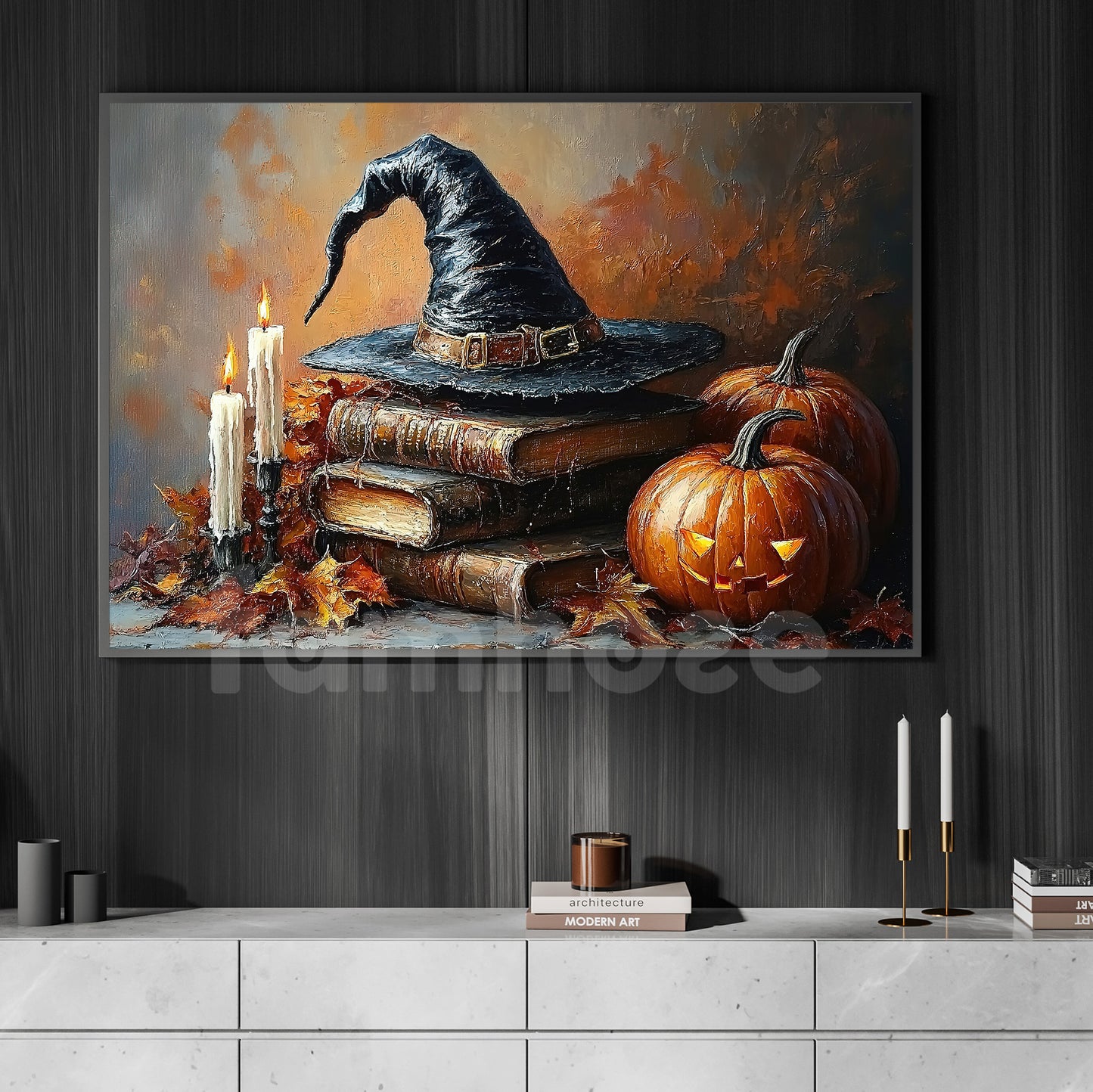 Halloween Witch Hat & Magic Books Canvas Painting, Pages Of Pumpkin Magic Wall Art Decor, Spooky Season Poster Gift For Witch Lover