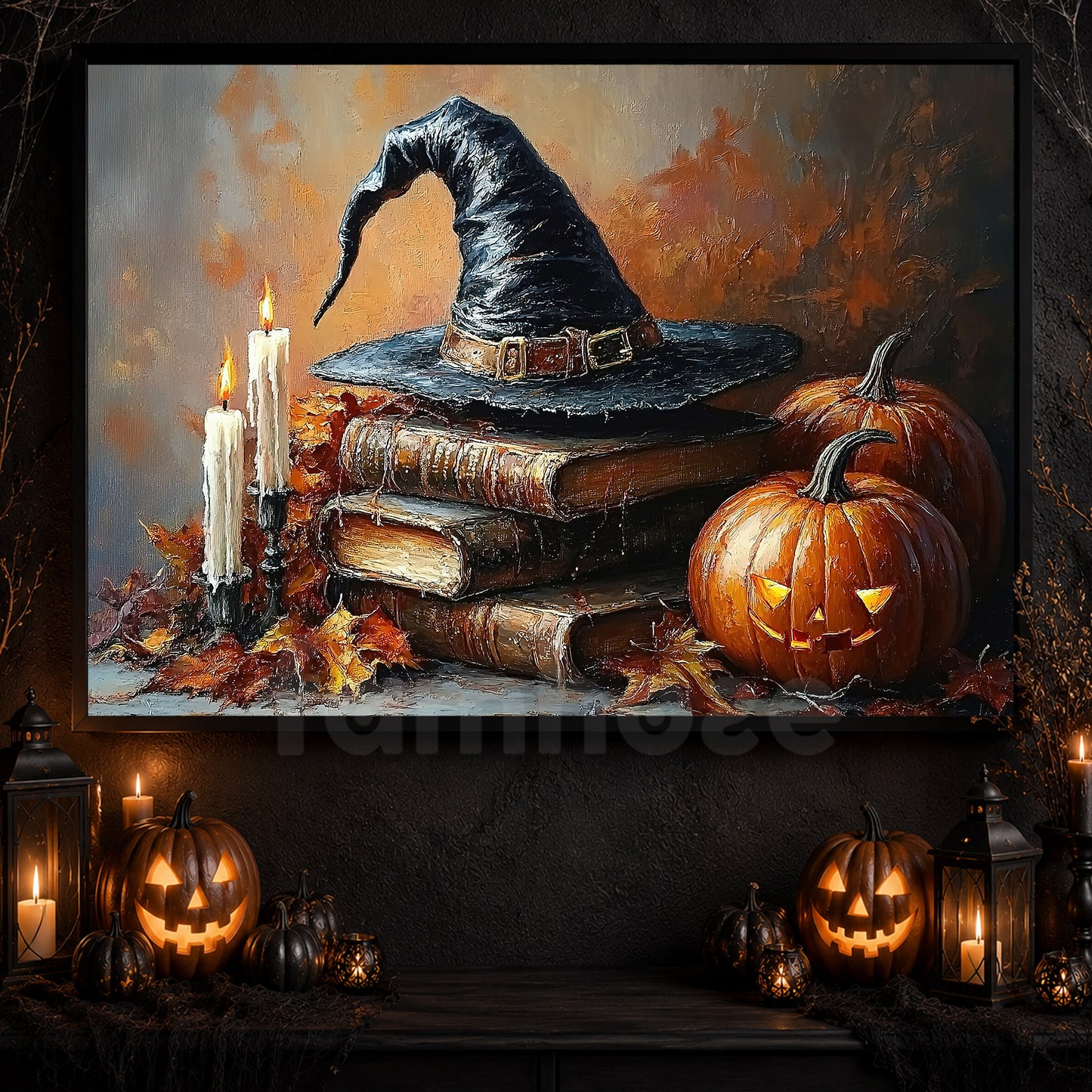 Halloween Witch Hat & Magic Books Canvas Painting, Pages Of Pumpkin Magic Wall Art Decor, Spooky Season Poster Gift For Witch Lover