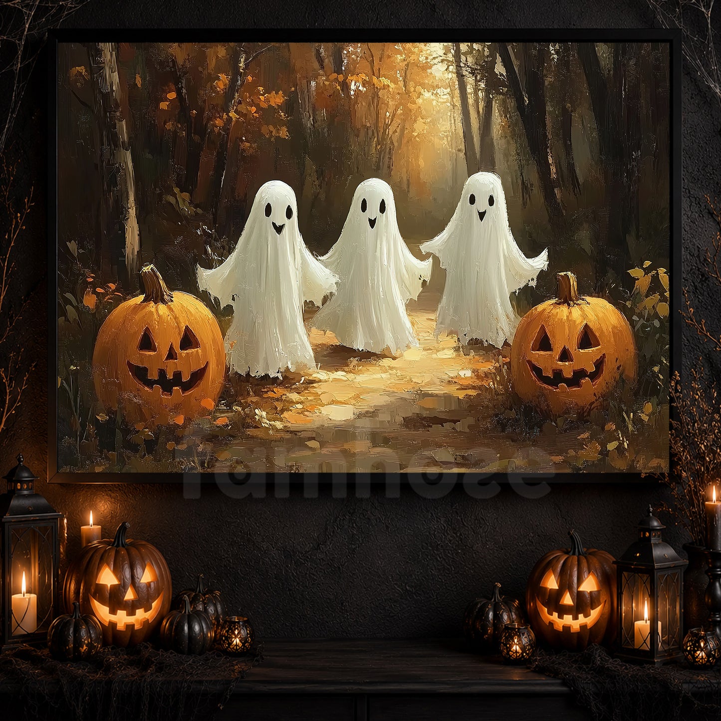 Halloween Three Ghost Canvas Painting, The Boo Crew Is Here Spooky Season Wall Art Decor, Halloween Poster Gift For Ghost Lover