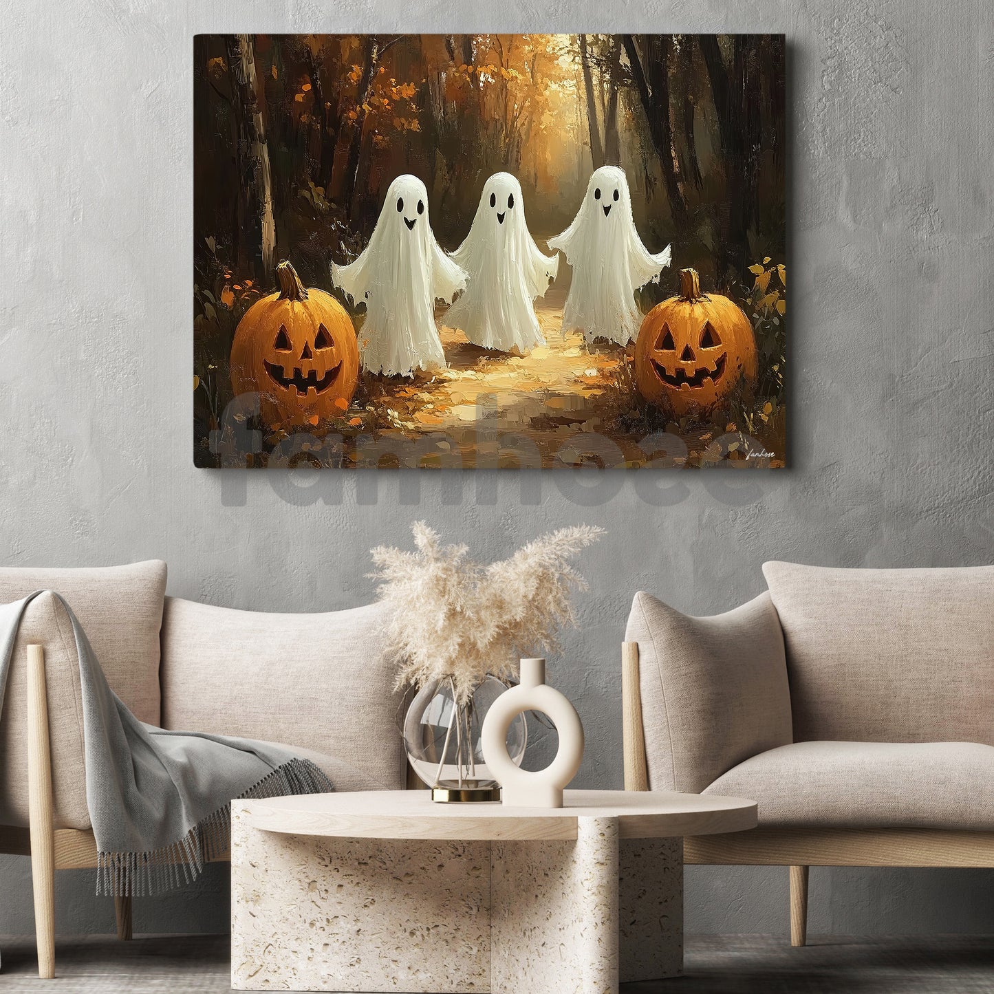 Halloween Three Ghost Canvas Painting, The Boo Crew Is Here Spooky Season Wall Art Decor, Halloween Poster Gift For Ghost Lover