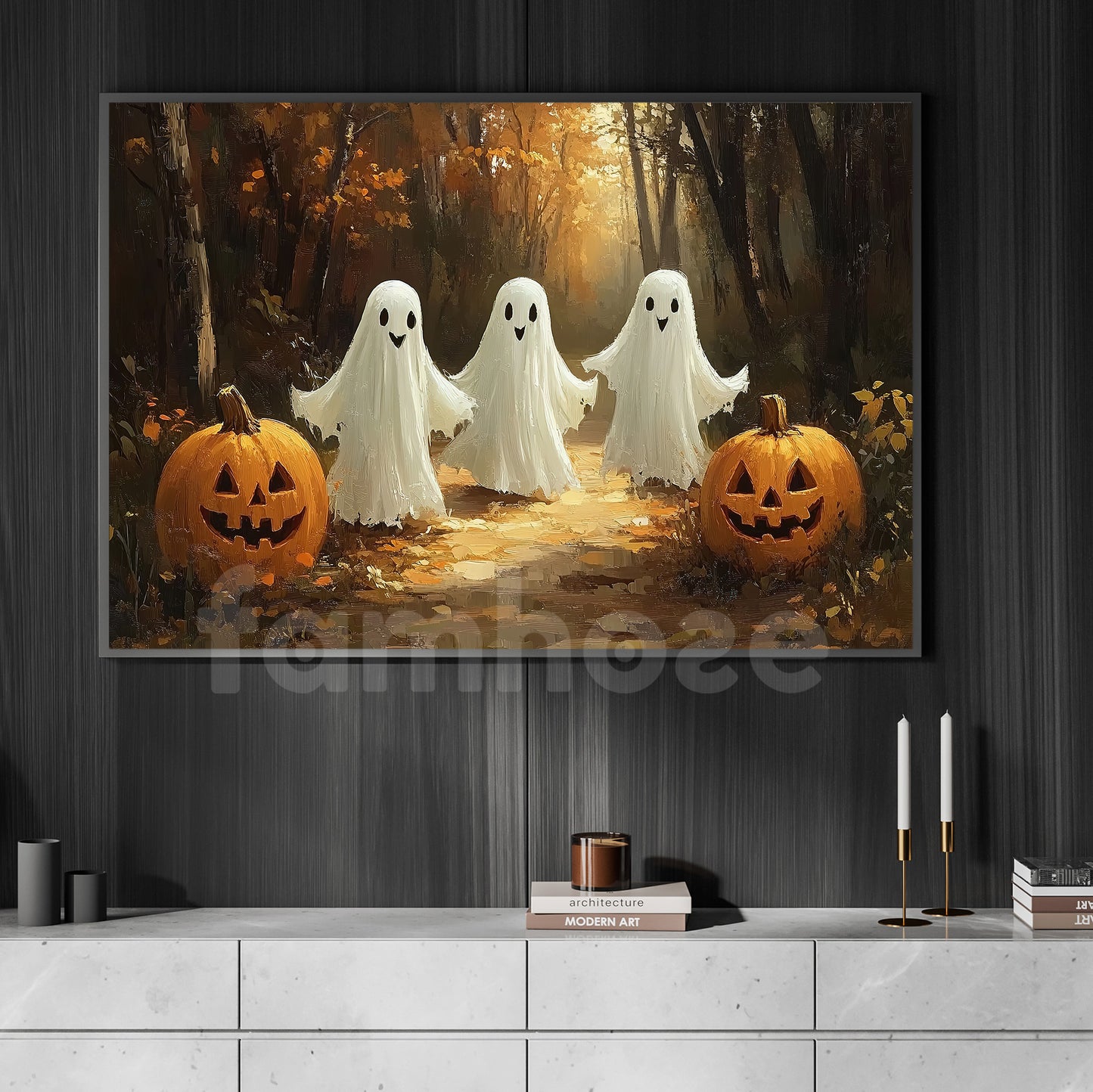 Halloween Three Ghost Canvas Painting, The Boo Crew Is Here Spooky Season Wall Art Decor, Halloween Poster Gift For Ghost Lover