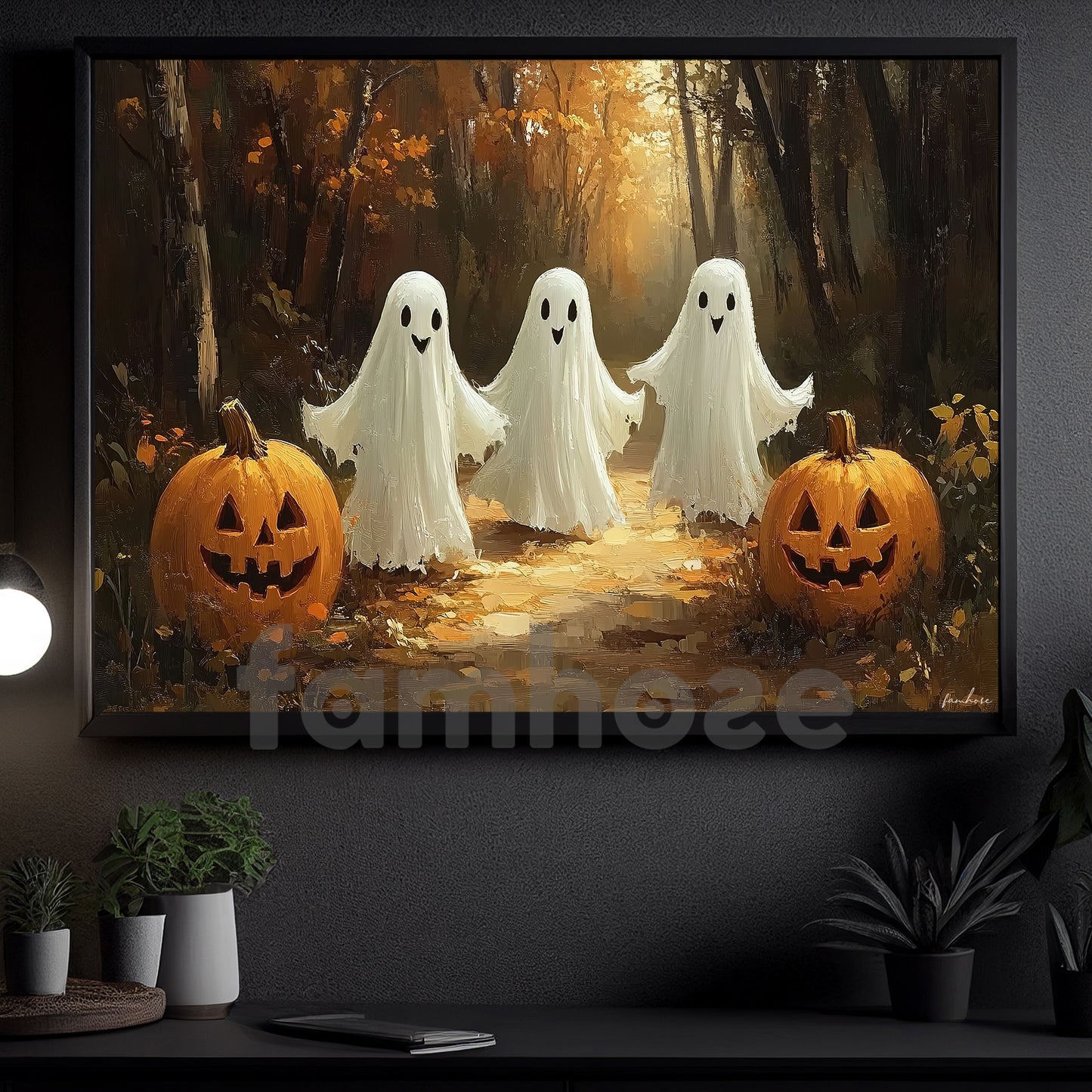 Halloween Three Ghost Canvas Painting, The Boo Crew Is Here Spooky Season Wall Art Decor, Halloween Poster Gift For Ghost Lover