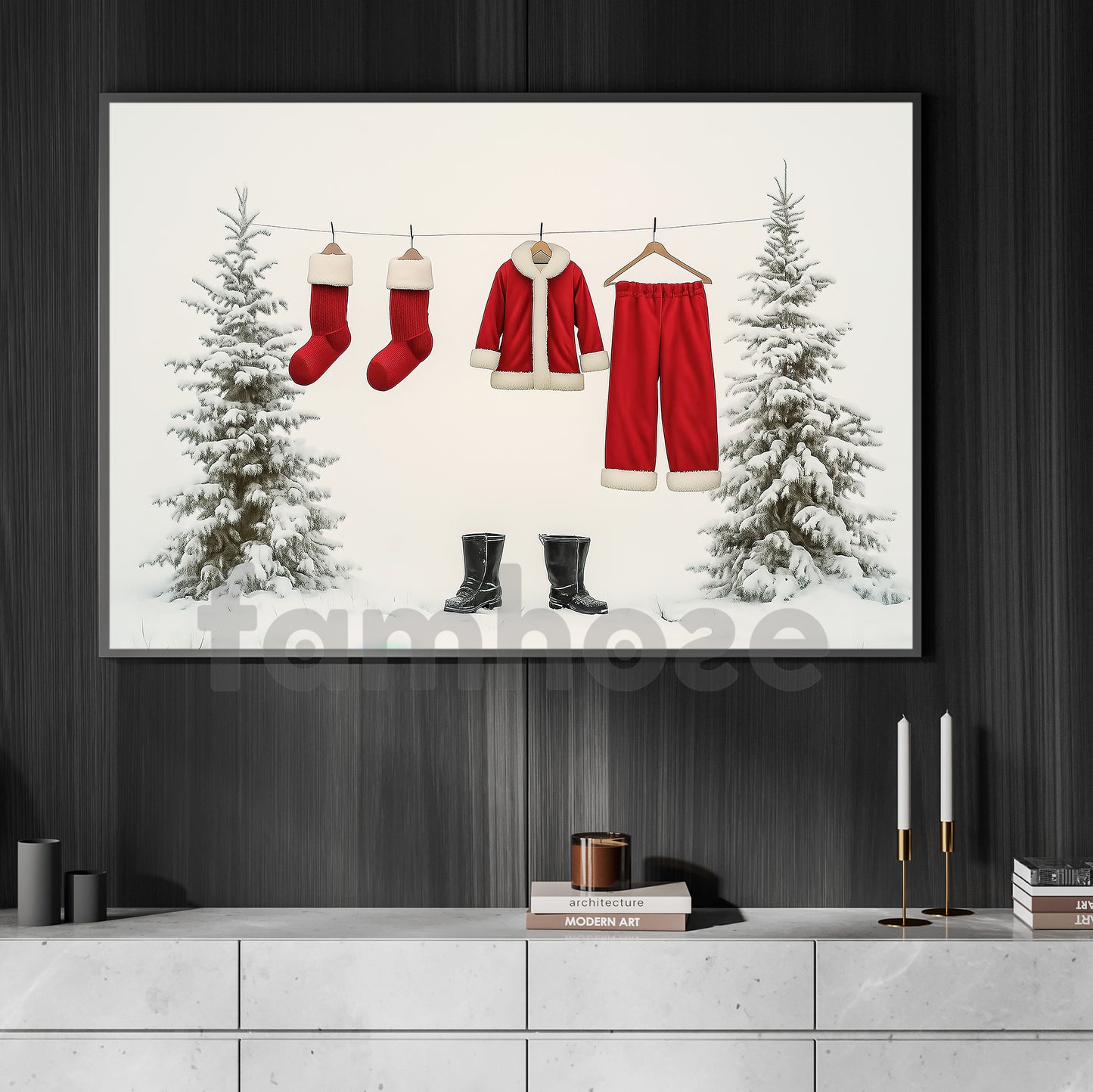 Funny Christmas Canvas Painting, Santa’s Outfit Drying In Winter Wall Art Decor, Xmas Poster Gift