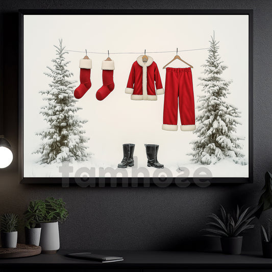 Funny Christmas Canvas Painting, Santa’s Outfit Drying In Winter Wall Art Decor, Xmas Poster Gift