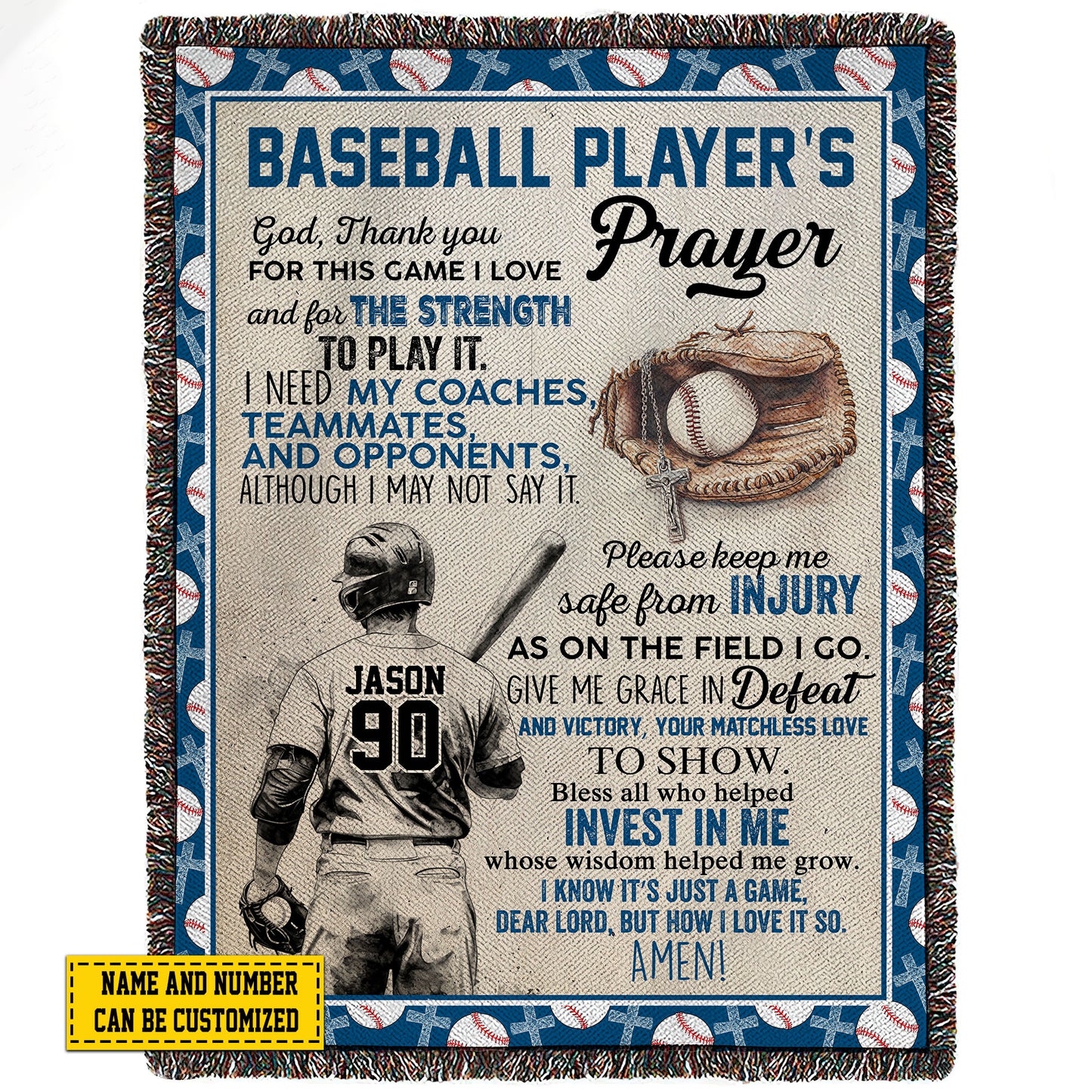 Personalized Motivational Baseball Boy Fleece Blanket, Baseball Player's Prayer Sports Woven Blanket, Cool Sherpa Blanket Gift For Baseball Lovers