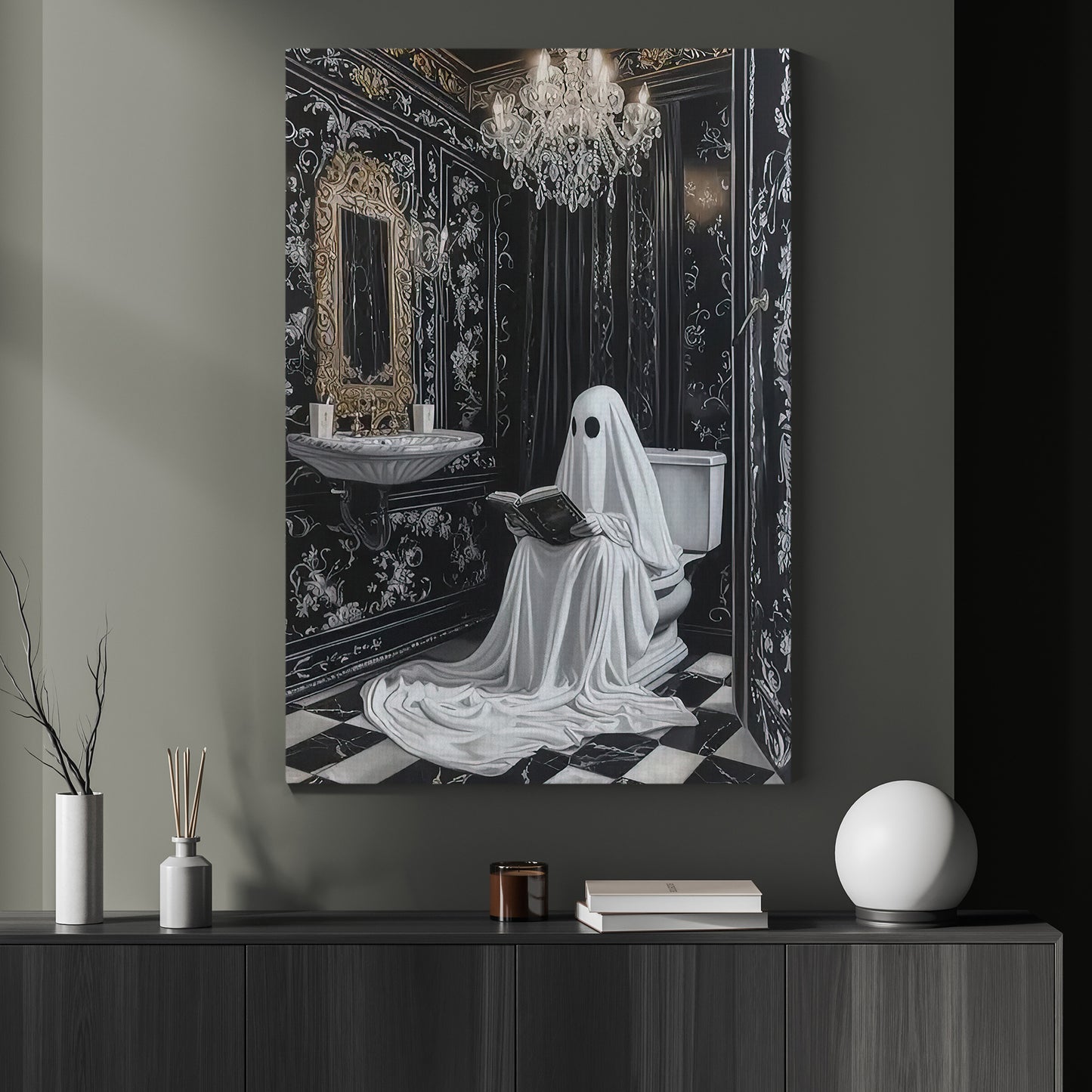 A Ghostly Reading Room, Ghost Canvas Painting, Spooky Season Wall Art Decor, Halloween Poster Gift For Ghost Lovers