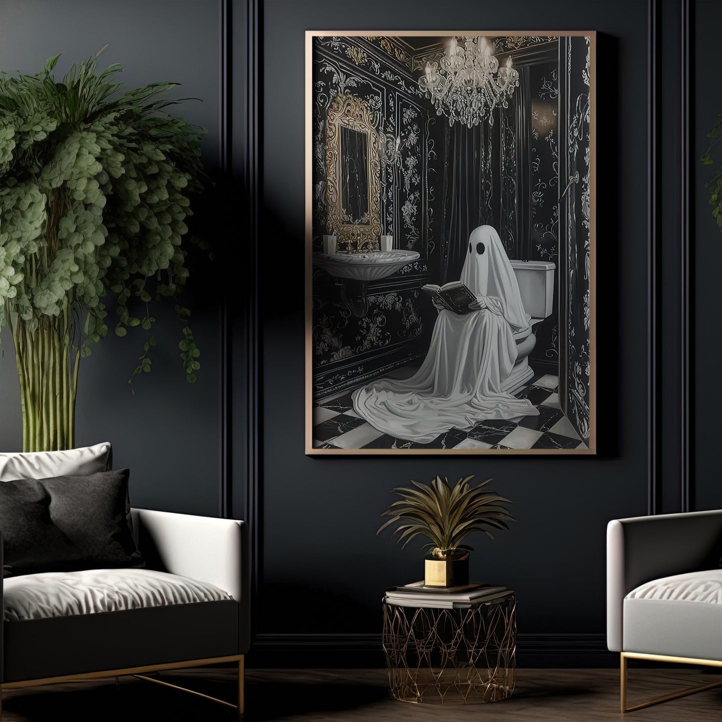 A Ghostly Reading Room, Ghost Canvas Painting, Spooky Season Wall Art Decor, Halloween Poster Gift For Ghost Lovers