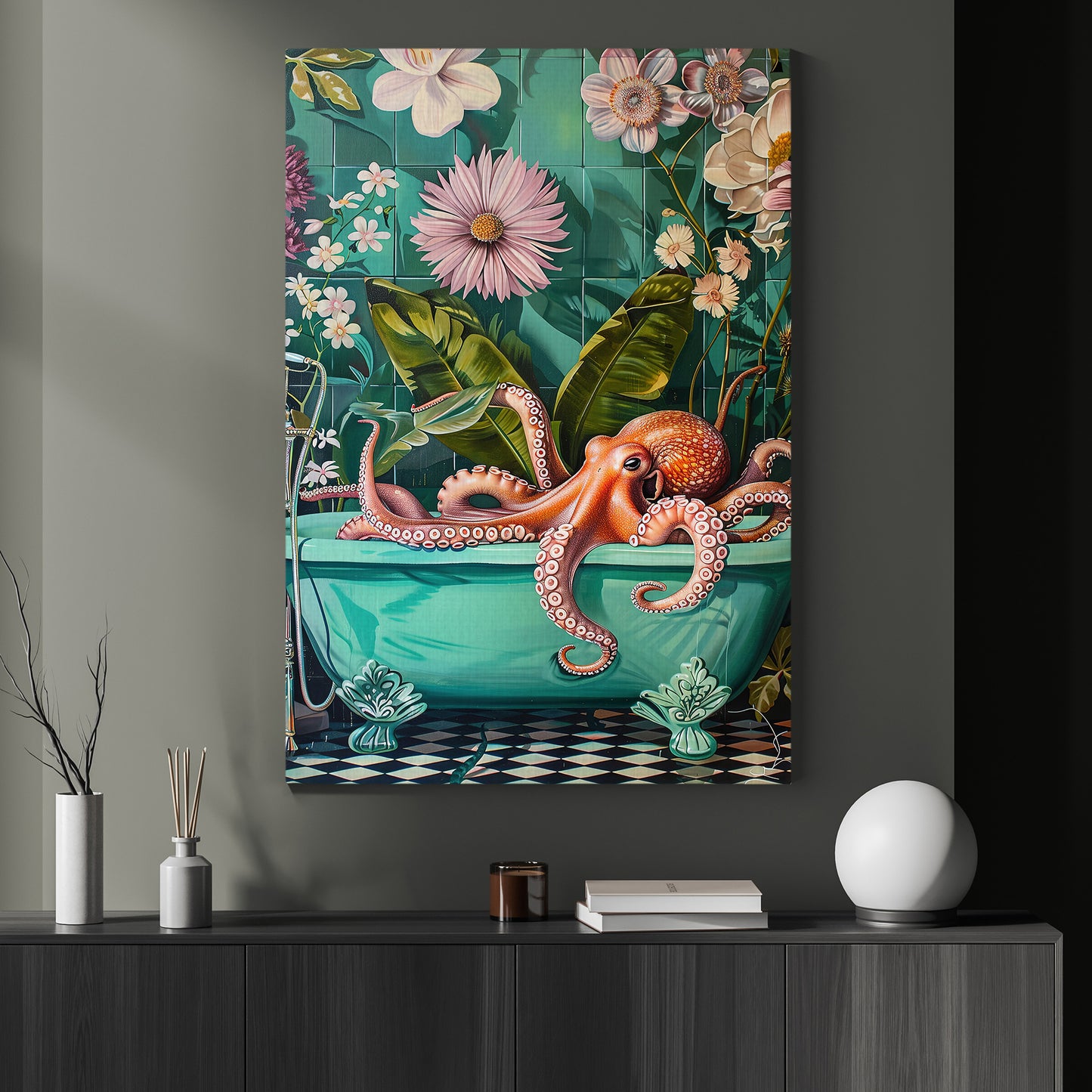 Octopus In Bloom, Floral Victorian Octopus Canvas Painting, Victorian Animal Wall Art Decor, Poster Gift For Octopus Lovers