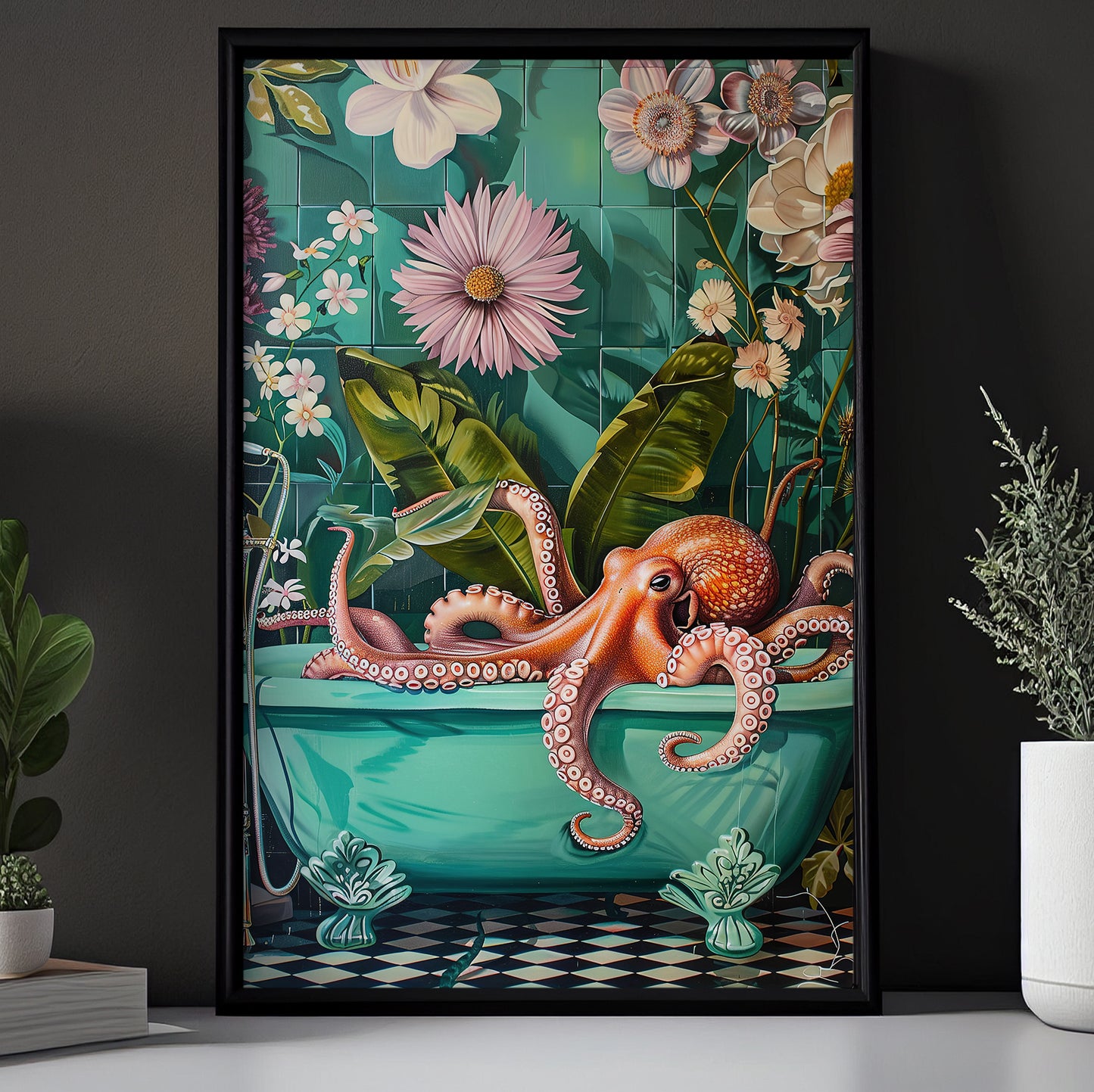 Octopus In Bloom, Floral Victorian Octopus Canvas Painting, Victorian Animal Wall Art Decor, Poster Gift For Octopus Lovers