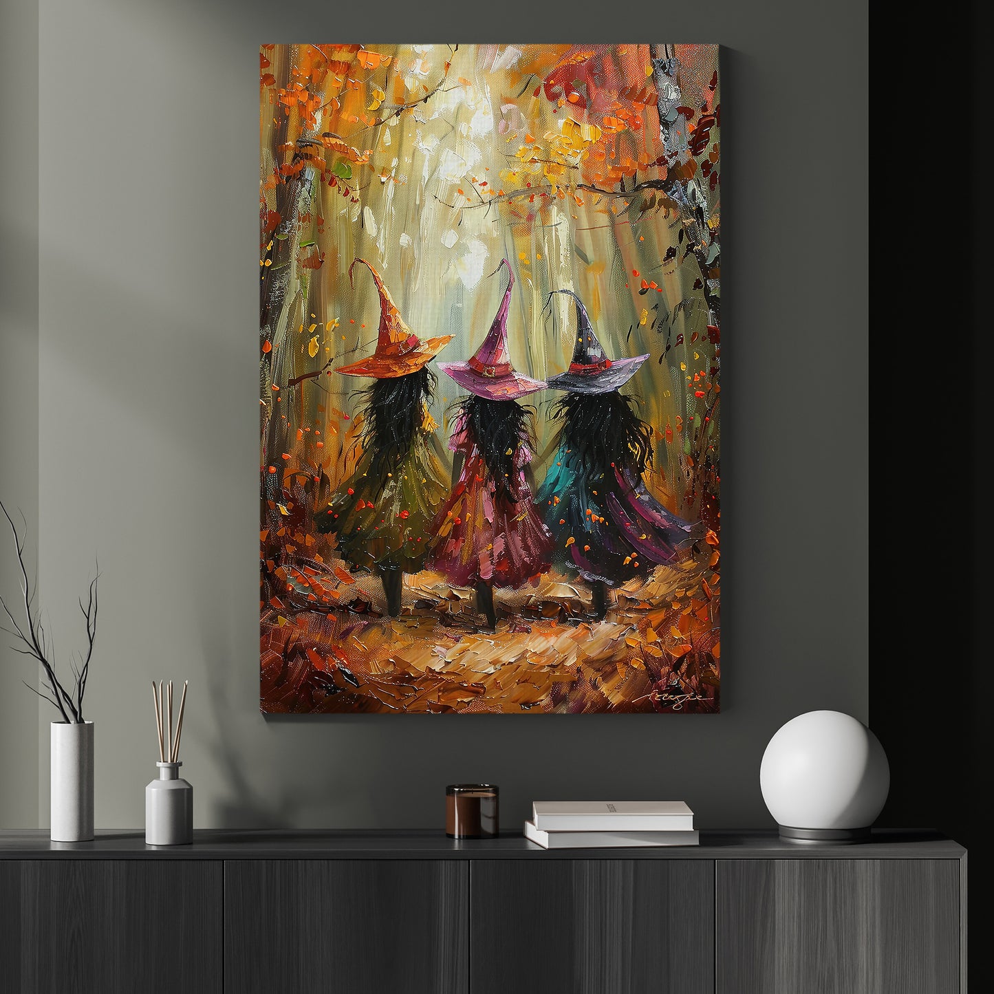 Autumn's Magical Muses, Witches Canvas Painting, Spooky Season Wall Art Decor, Halloween Poster Gift For Witch Lovers