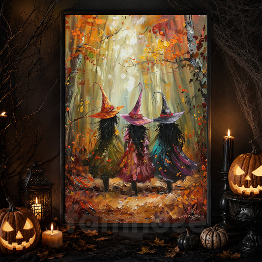 Autumn's Magical Muses, Witches Canvas Painting, Spooky Season Wall Art Decor, Halloween Poster Gift For Witch Lovers