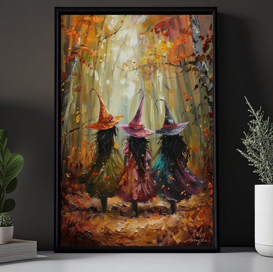 Autumn's Magical Muses, Witches Canvas Painting, Spooky Season Wall Art Decor, Halloween Poster Gift For Witch Lovers