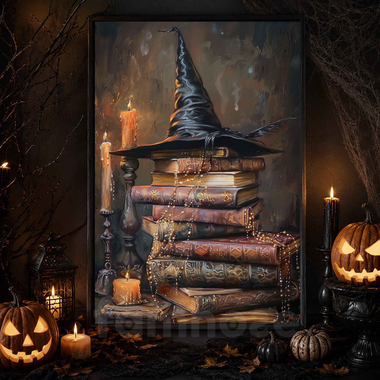 The Witch's Library, Witches Canvas Painting, Spooky Season Wall Art Decor, Halloween Poster Gift For Witch And Book Lovers