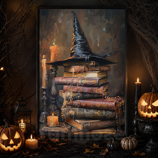 The Witch's Library, Witches Canvas Painting, Spooky Season Wall Art Decor, Halloween Poster Gift For Witch And Book Lovers
