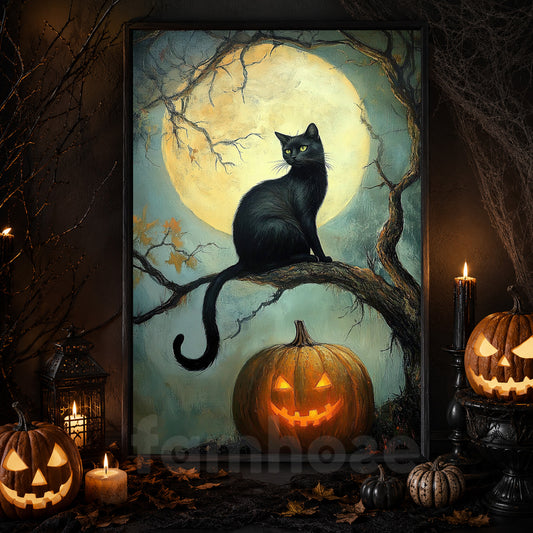 Midnight Whisper, Cat Canvas Painting, Spooky Season Wall Art Decor, Halloween Poster Gift For Cat Lovers