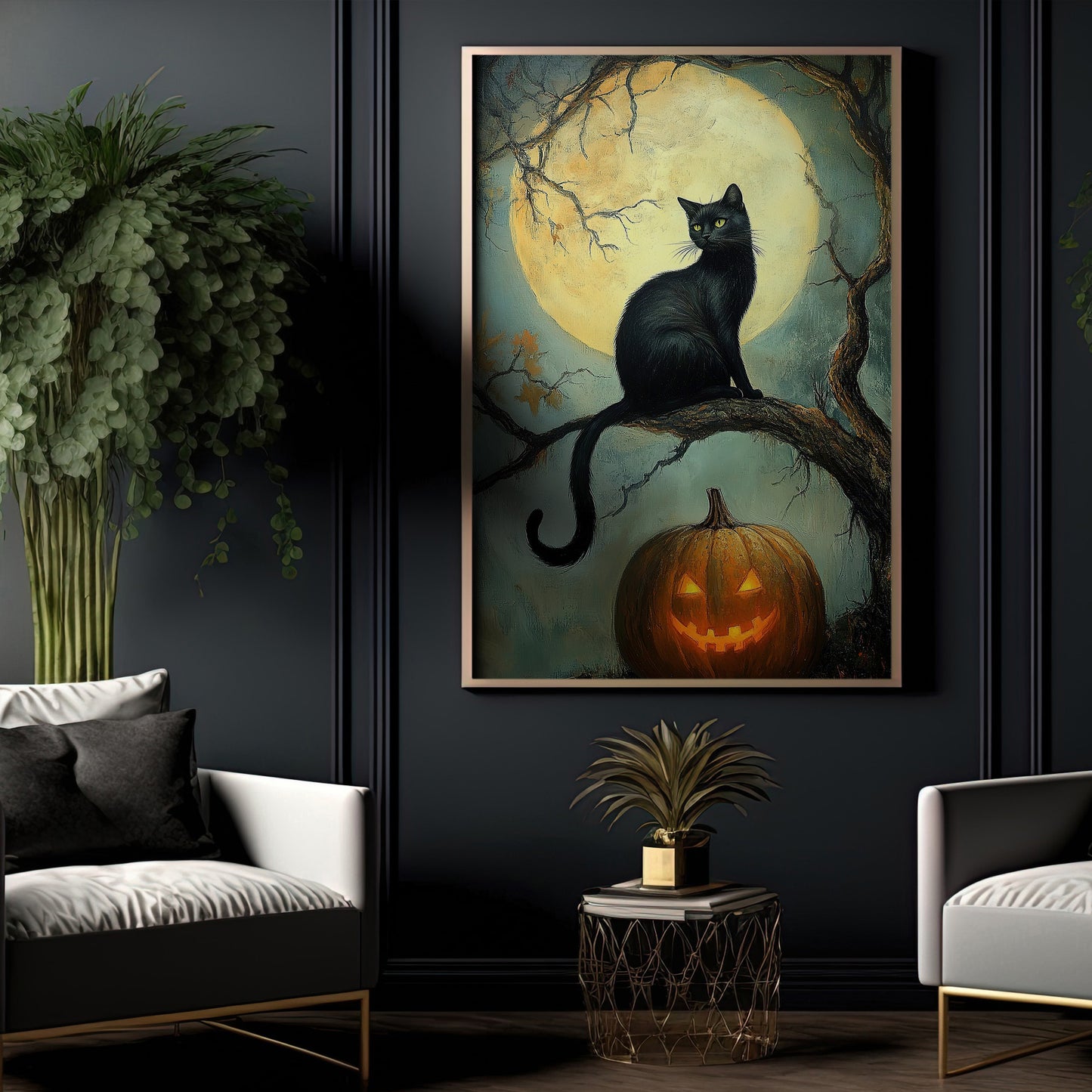 Midnight Whisper, Cat Canvas Painting, Spooky Season Wall Art Decor, Halloween Poster Gift For Cat Lovers