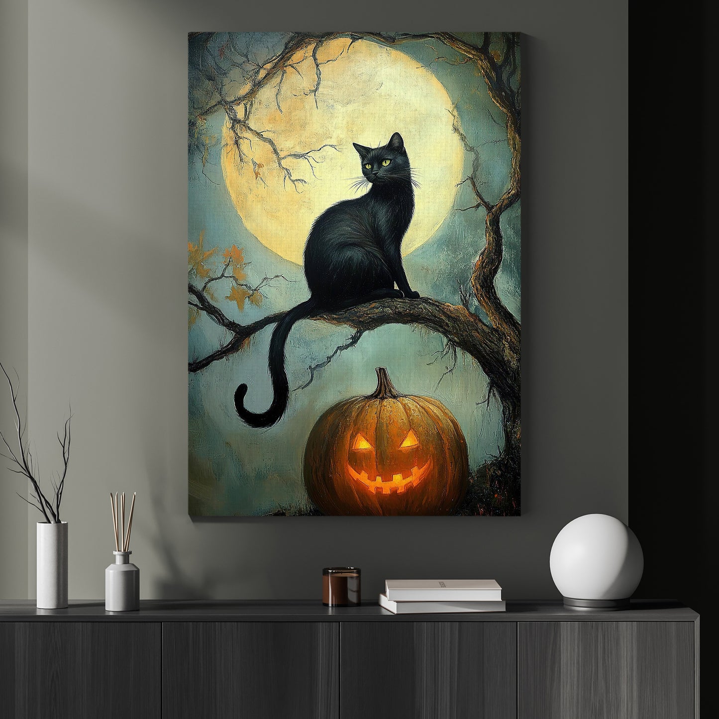 Midnight Whisper, Cat Canvas Painting, Spooky Season Wall Art Decor, Halloween Poster Gift For Cat Lovers