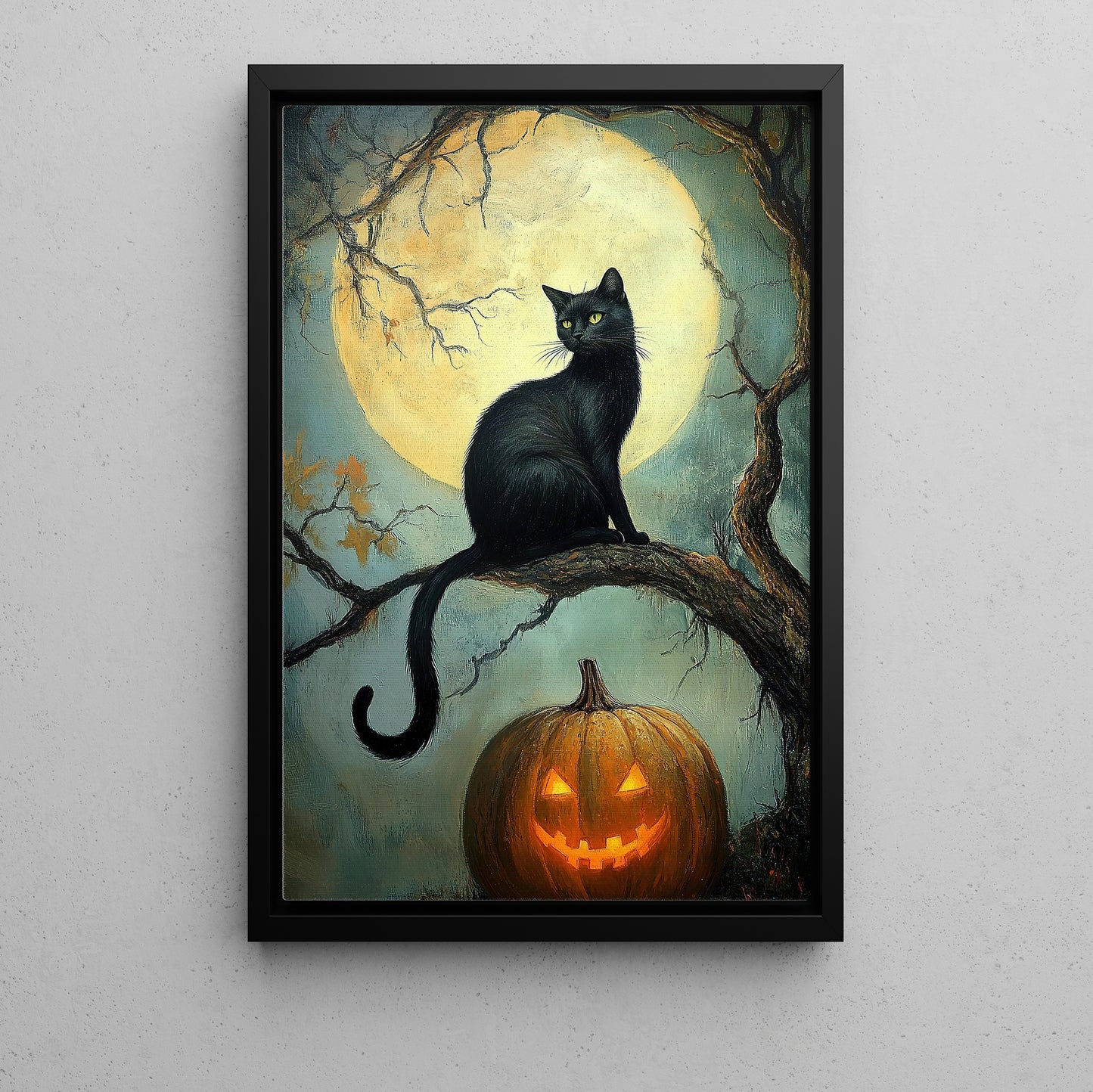 Midnight Whisper, Cat Canvas Painting, Spooky Season Wall Art Decor, Halloween Poster Gift For Cat Lovers