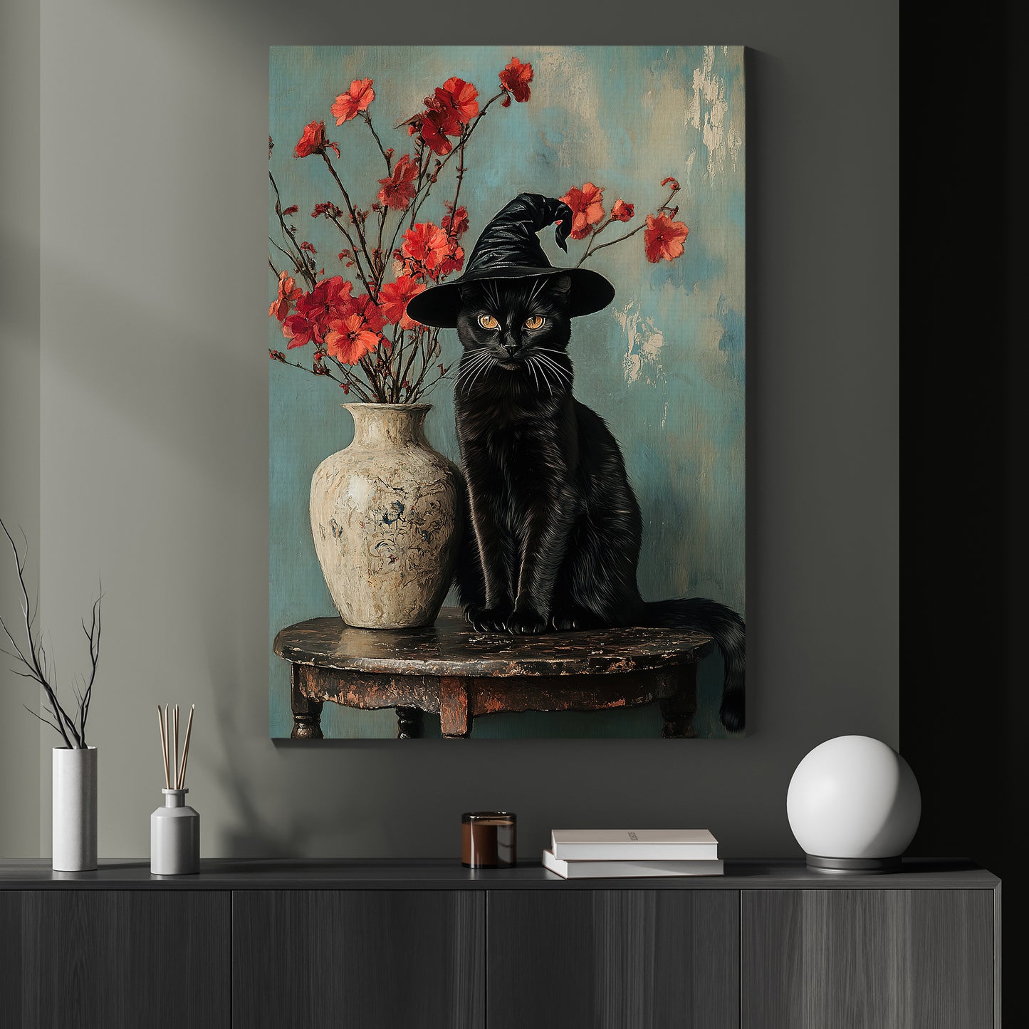 The Enchanted Feline, Cat Canvas Painting, Spooky Season Wall Art Decor, Halloween Poster Gift For Cat Lovers