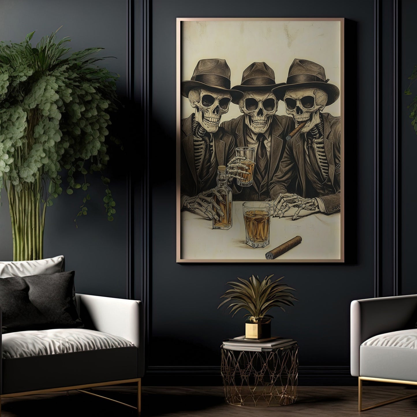 Skeleton Gangsters, Couple Canvas Painting, Spooky Season Wall Art Decor, Halloween Poster Gift For Skull Lovers