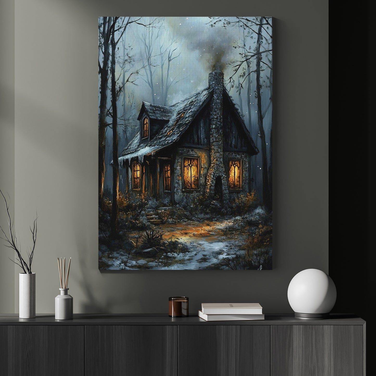 Enchanted Winter Eve, Mystery Canvas Painting, Spooky Season Wall Art Decor, Halloween Poster Gift For House Lovers