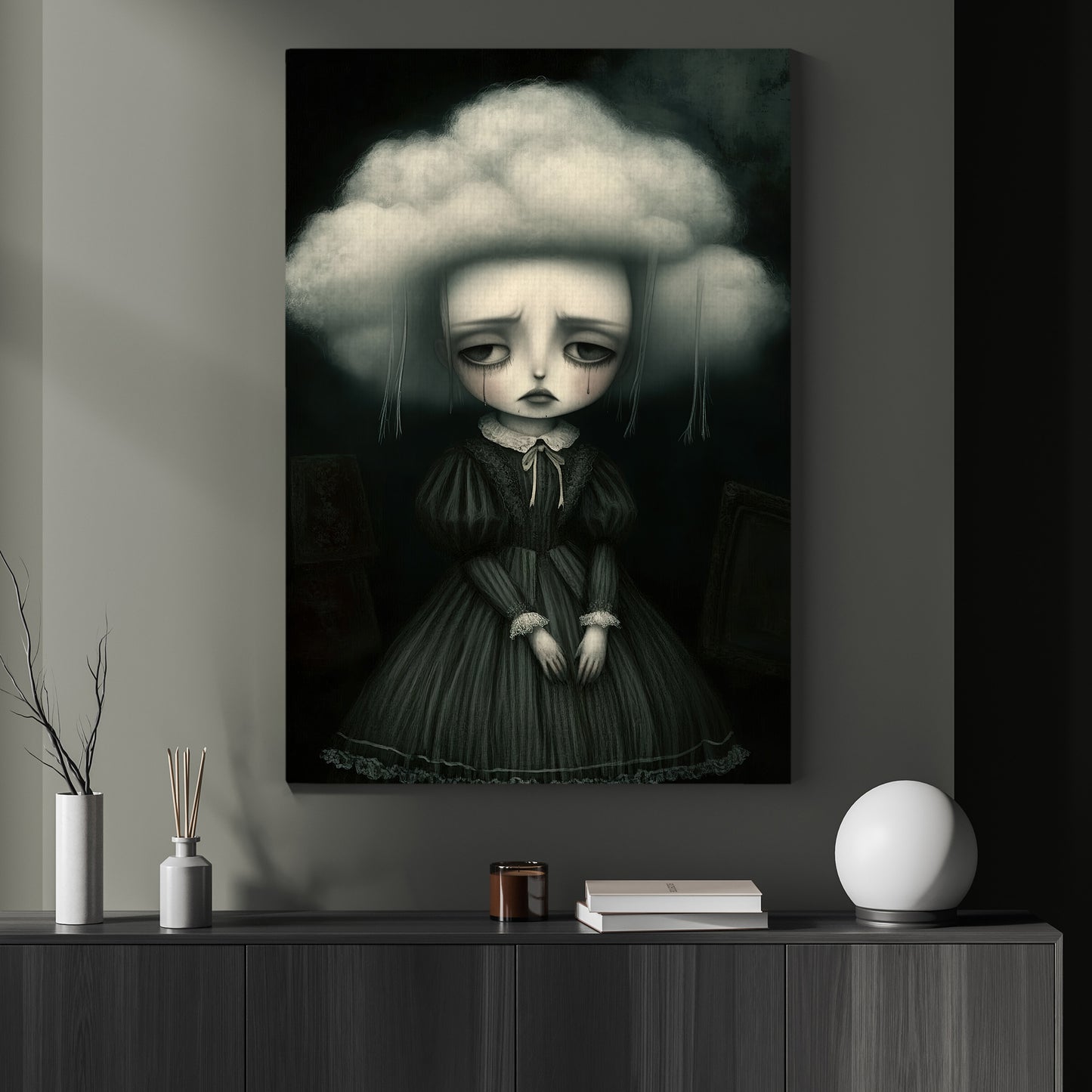 Sorrow Under A Clouded Mind, Doll Canvas Painting, Spooky Season Wall Art Decor, Halloween Poster Gift For Doll Lovers