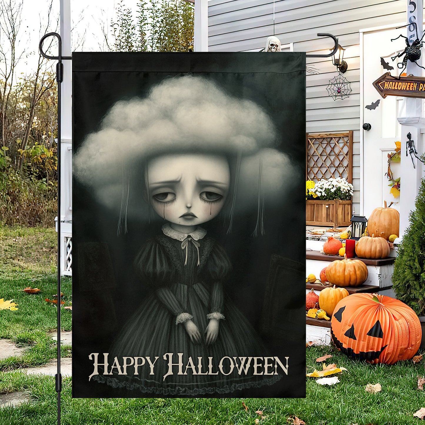 Happy Halloween, Halloween Garden Flag & House Flag, Baby Doll Outdoor Decor, Spooky Yard Decor Gift For Doll Lovers