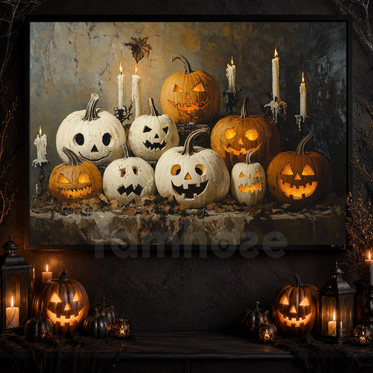 Vintage Halloween Pumpkin Canvas Painting, Glowing Pumpkin Faces Wall Art Decor, Spooky Season Poster Gift For Pumpkin Lovers