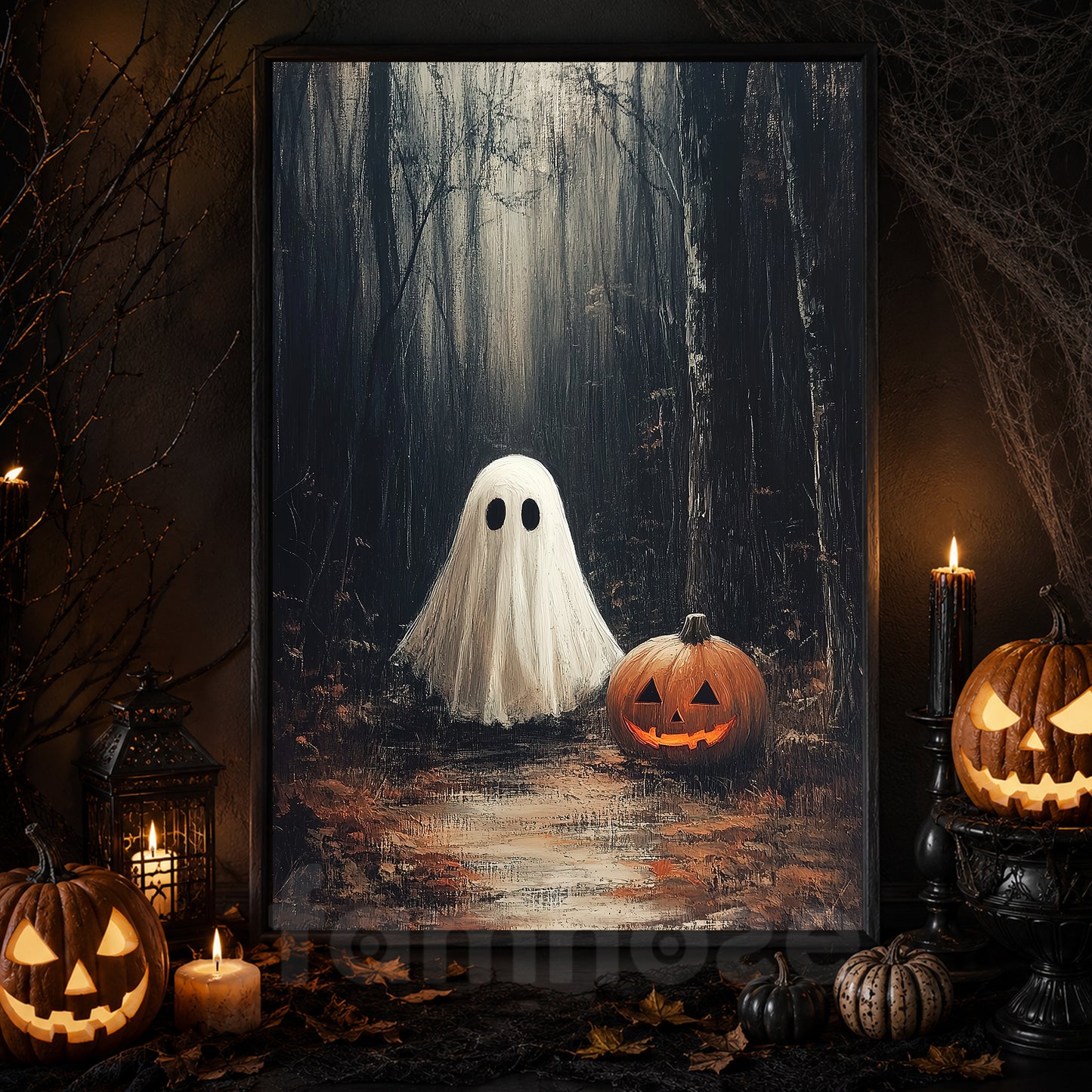 Halloween Boo & Pumpkin Canvas Painting, A Quiet Walk With Pumpkin Jack Wall Art Decor, Spooky Season Poster Gift For Ghost Lover