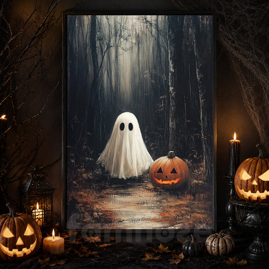 Halloween Boo & Pumpkin Canvas Painting, A Quiet Walk With Pumpkin Jack Wall Art Decor, Spooky Season Poster Gift For Ghost Lover