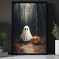 Halloween Boo & Pumpkin Canvas Painting, A Quiet Walk With Pumpkin Jack Wall Art Decor, Spooky Season Poster Gift For Ghost Lover
