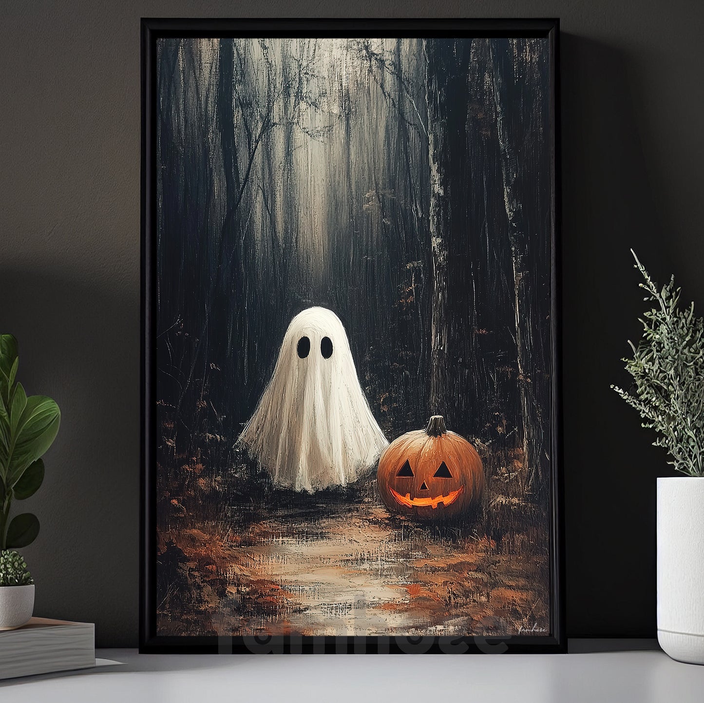 Halloween Boo & Pumpkin Canvas Painting, A Quiet Walk With Pumpkin Jack Wall Art Decor, Spooky Season Poster Gift For Ghost Lover