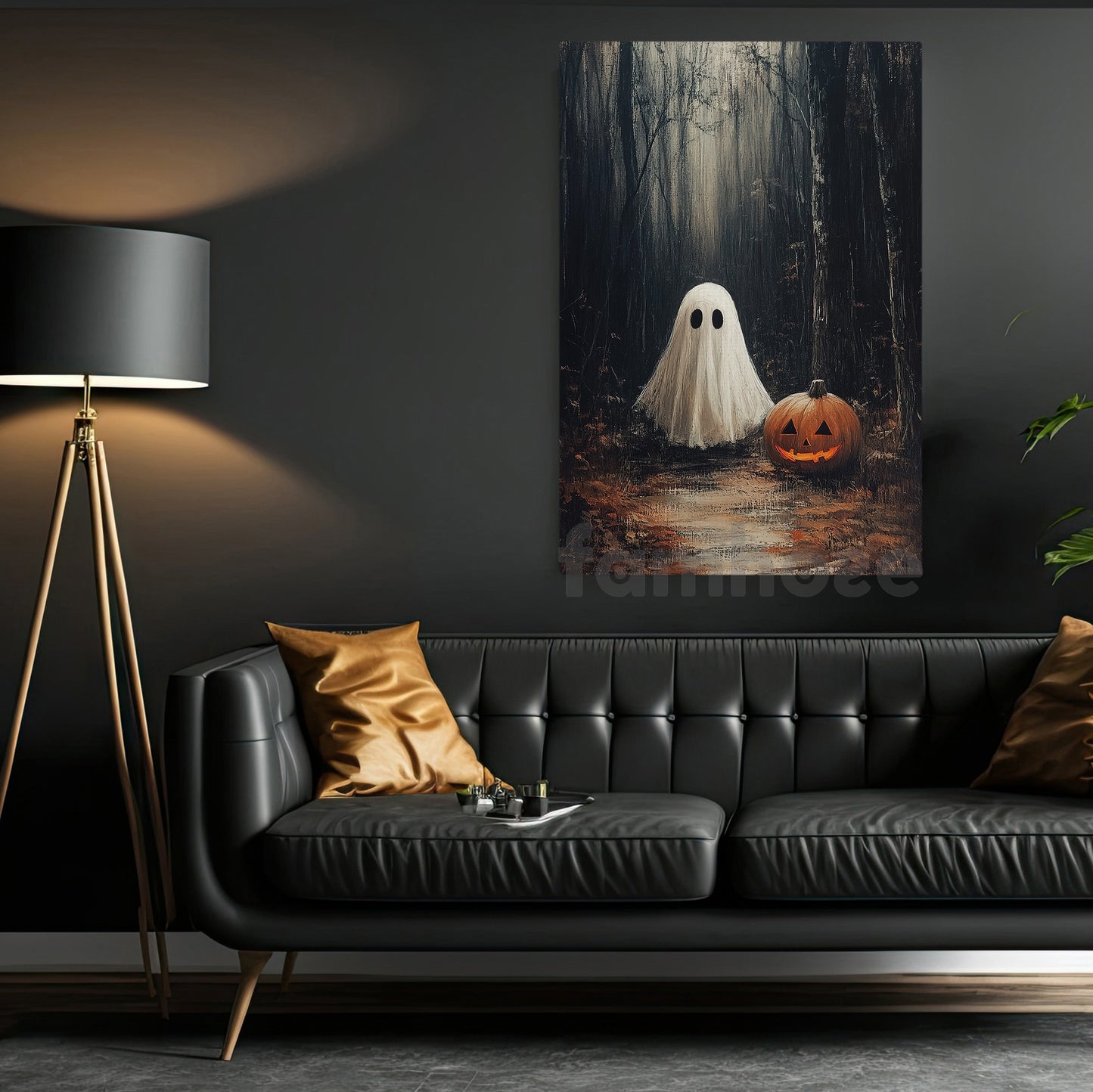 Halloween Boo & Pumpkin Canvas Painting, A Quiet Walk With Pumpkin Jack Wall Art Decor, Spooky Season Poster Gift For Ghost Lover