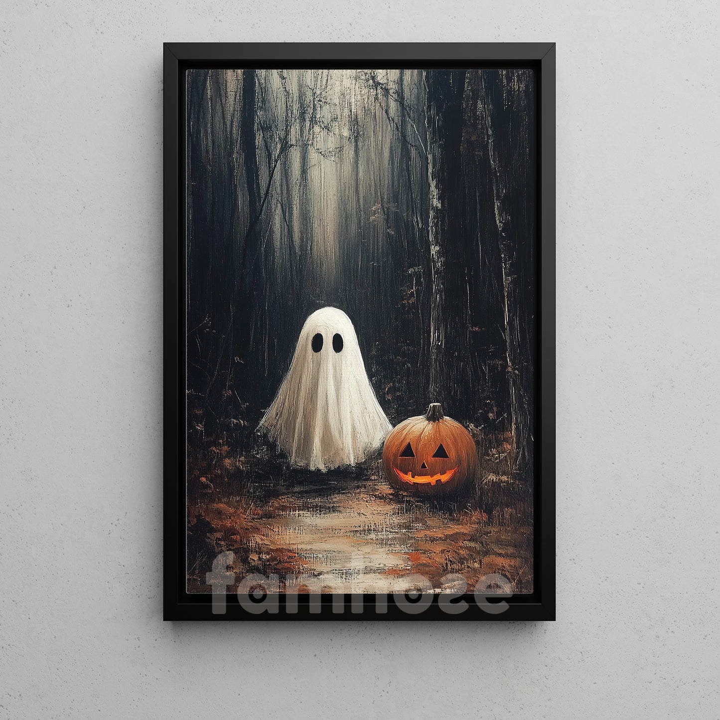 Halloween Boo & Pumpkin Canvas Painting, A Quiet Walk With Pumpkin Jack Wall Art Decor, Spooky Season Poster Gift For Ghost Lover