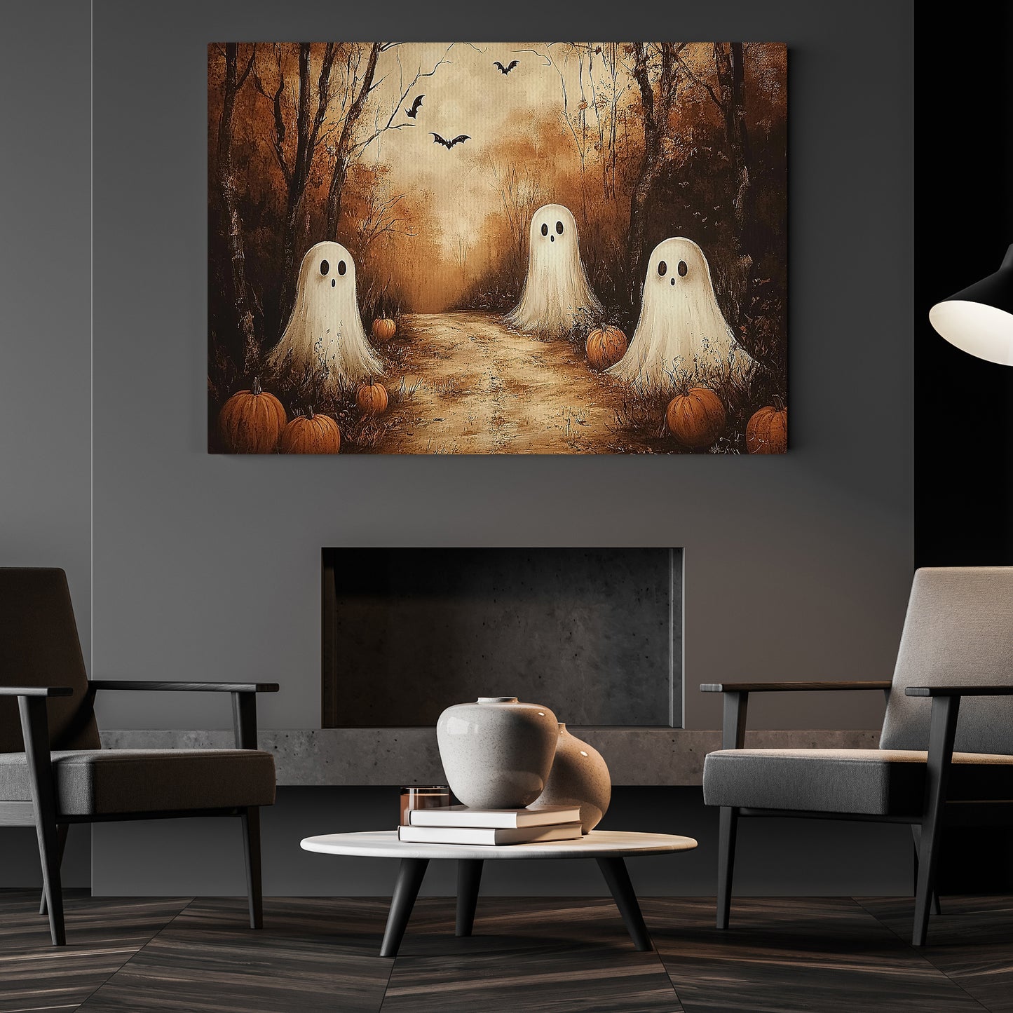 Interesting Three Ghost Halloween Canvas Painting, Ghost Meeting, Spooky Season Wall Art Decor, Halloween Poster Gift