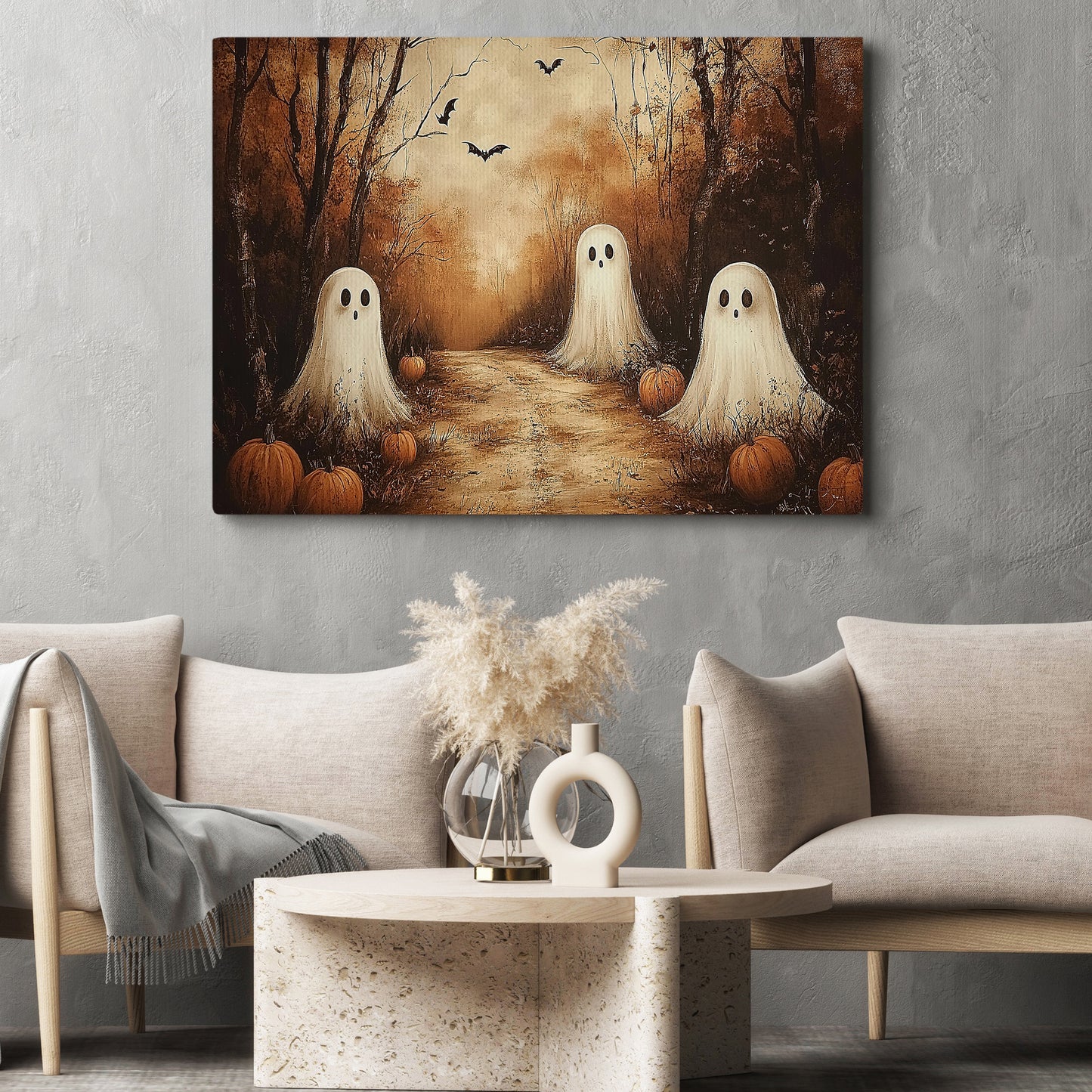 Interesting Three Ghost Halloween Canvas Painting, Ghost Meeting, Spooky Season Wall Art Decor, Halloween Poster Gift