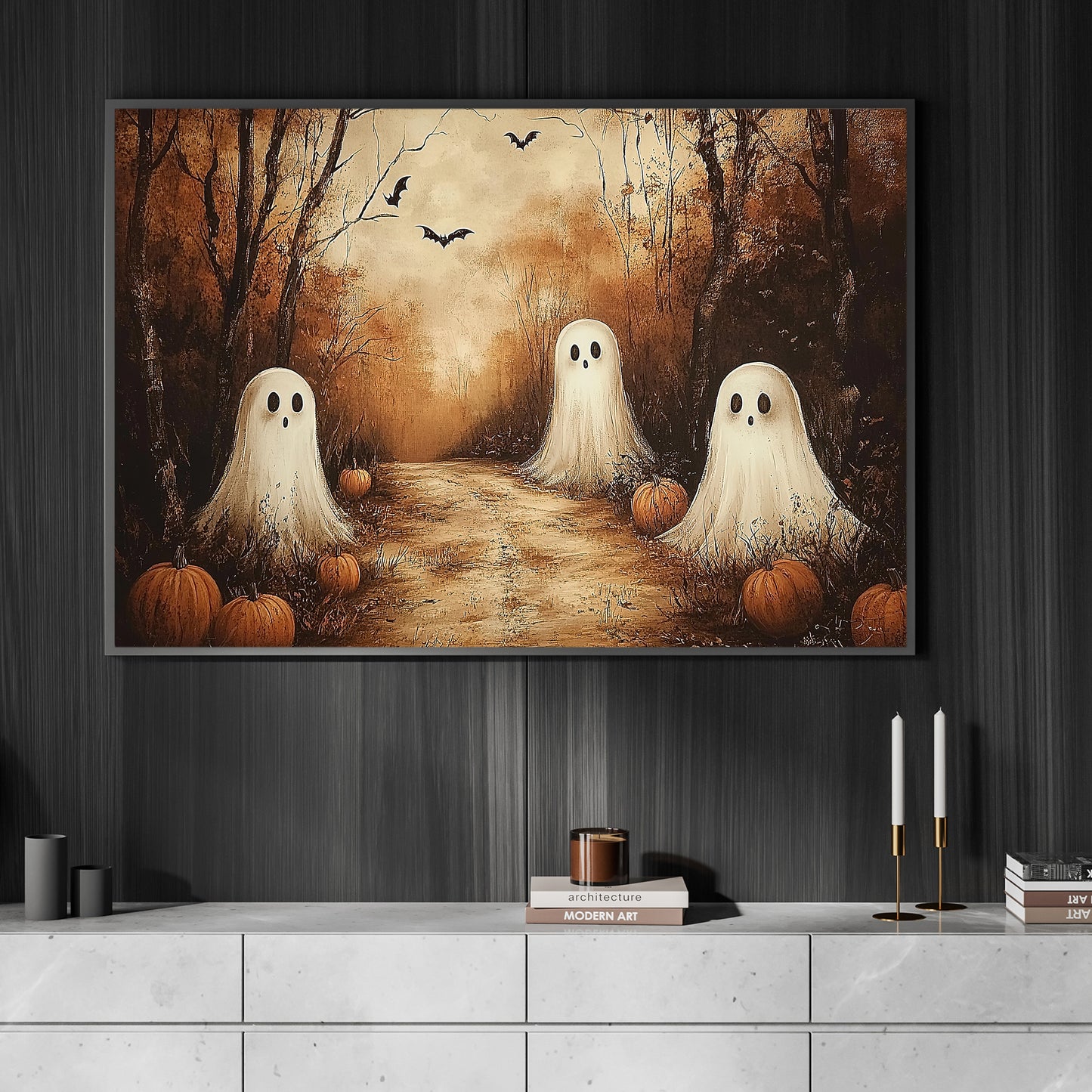 Interesting Three Ghost Halloween Canvas Painting, Ghost Meeting, Spooky Season Wall Art Decor, Halloween Poster Gift