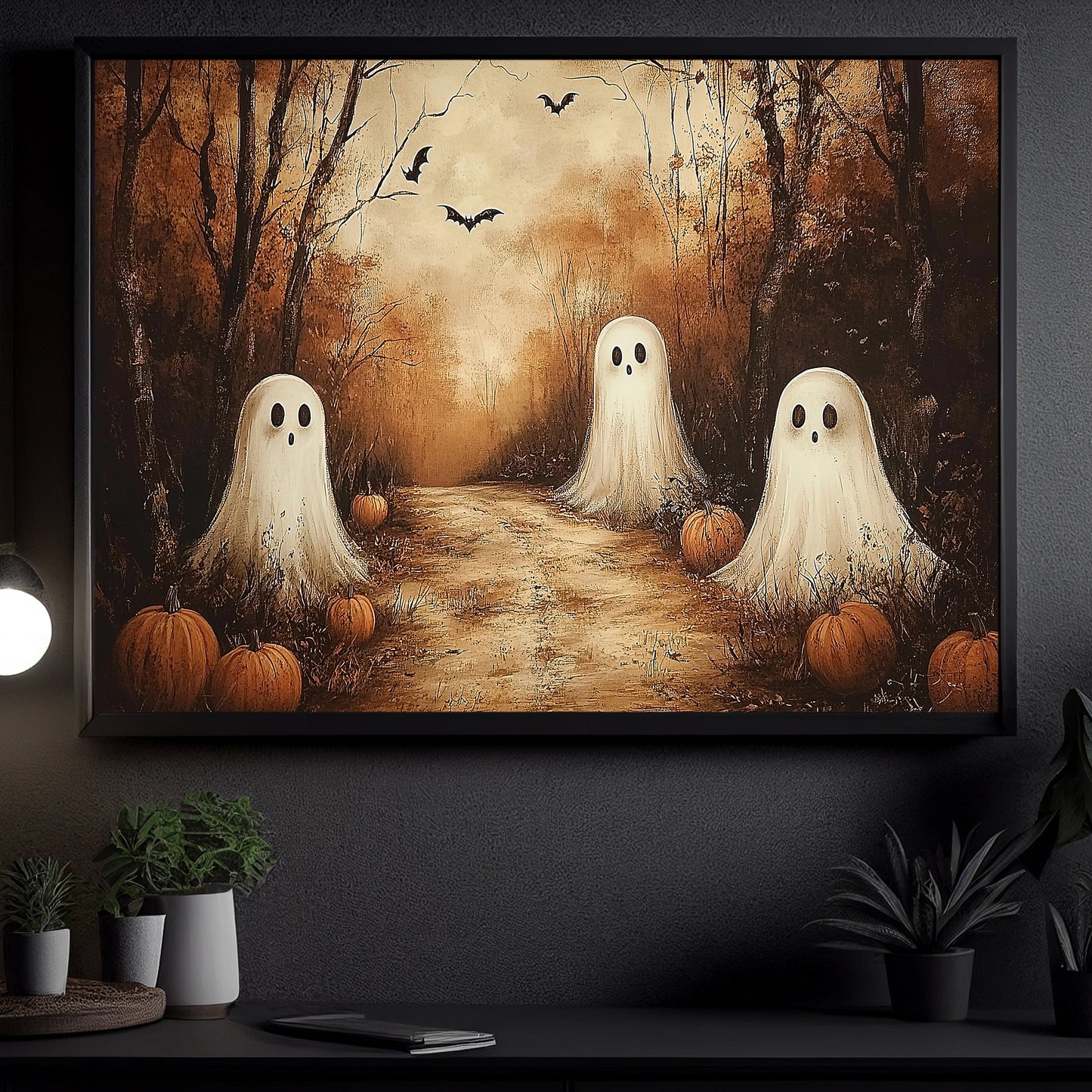 Interesting Three Ghost Halloween Canvas Painting, Ghost Meeting, Spooky Season Wall Art Decor, Halloween Poster Gift